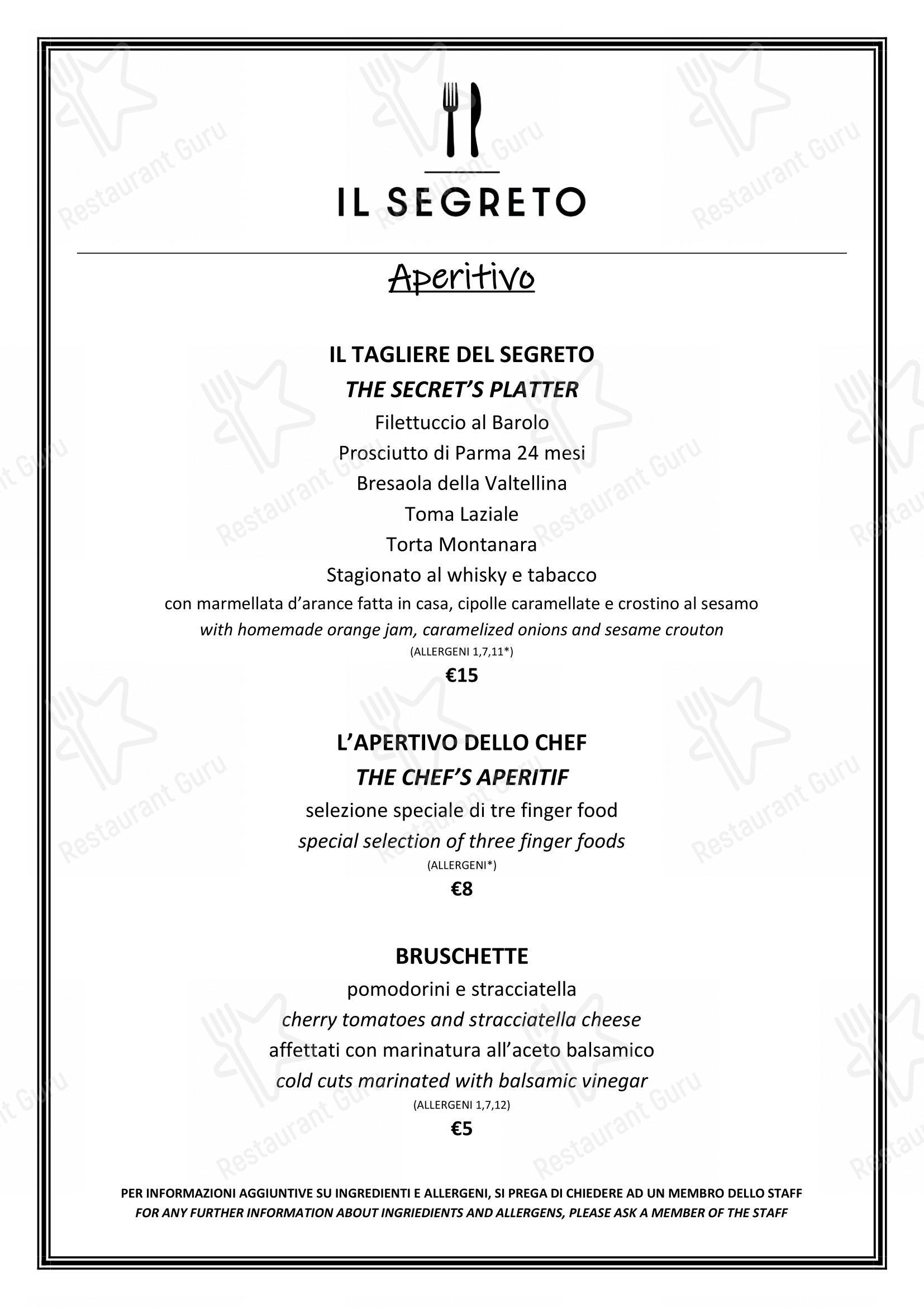 Menu bar per Il Segreto - Italian restaurant near the Vatican in Roma