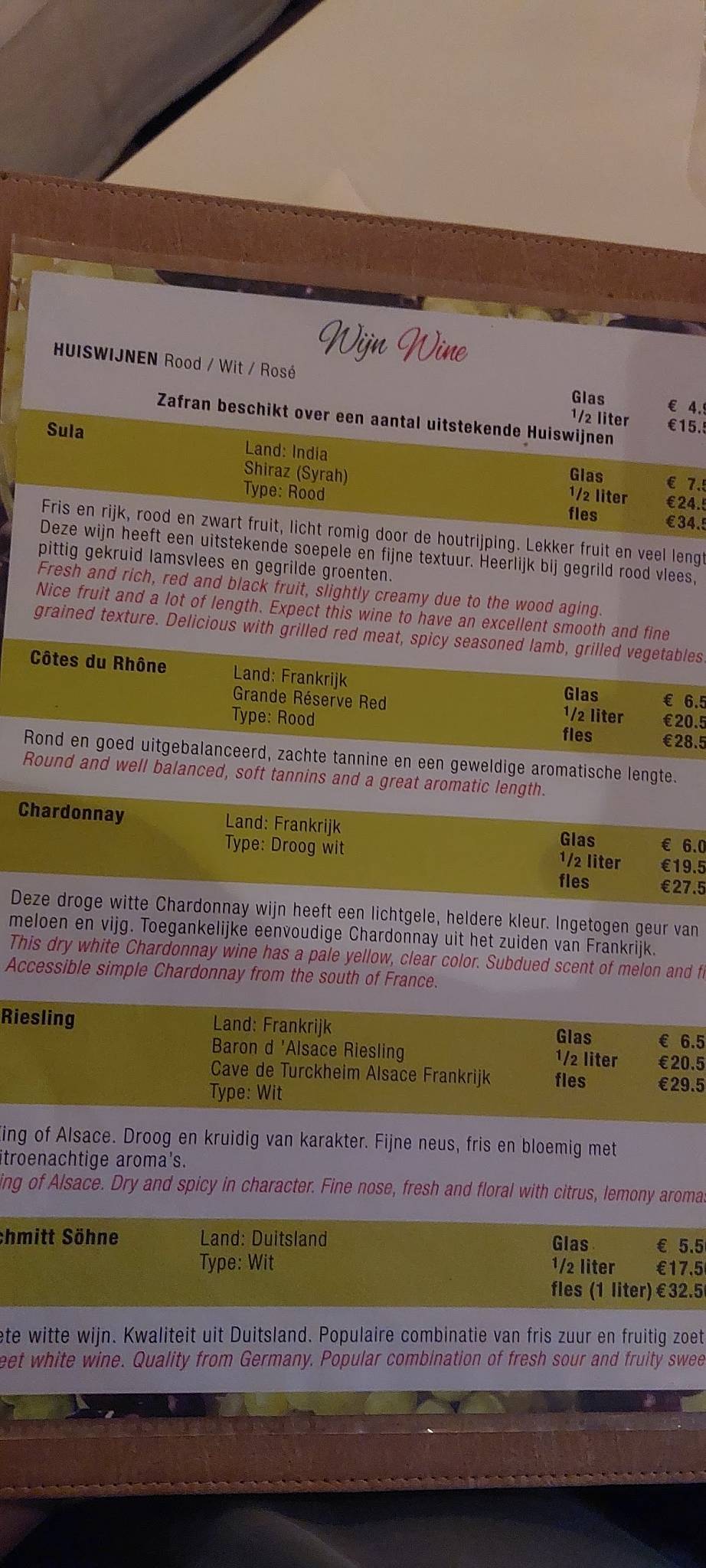 Menu de Indiaas Tandoori restaurant Zafran