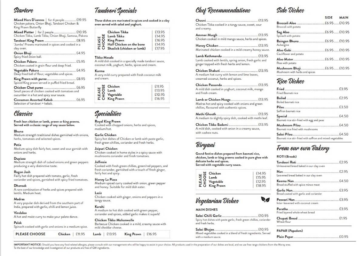 Menu at Cinnamon Restaurant, Inverness