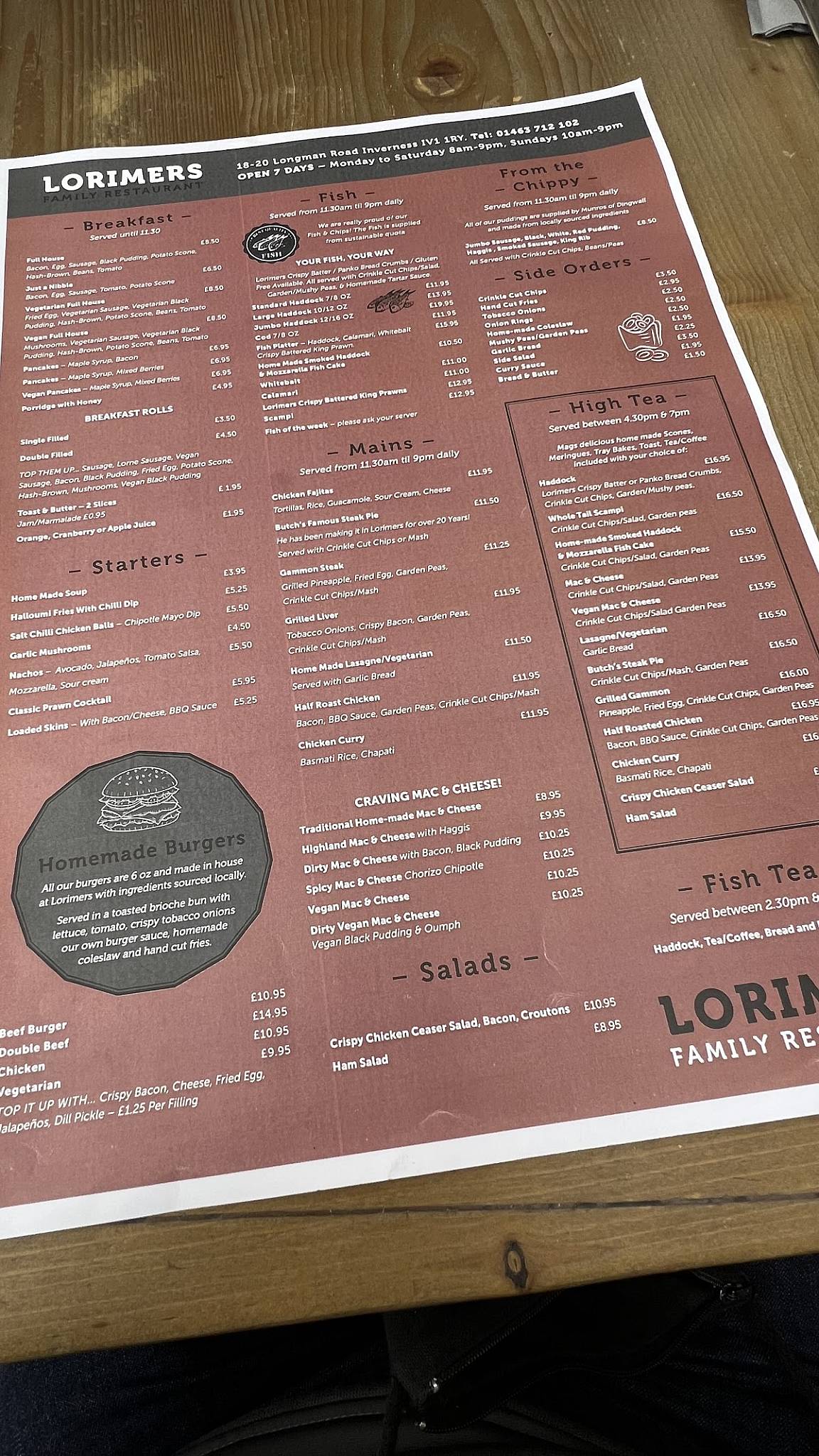 Menu at Lorimers Family Restaurant, Inverness, 18-20 Longman Rd