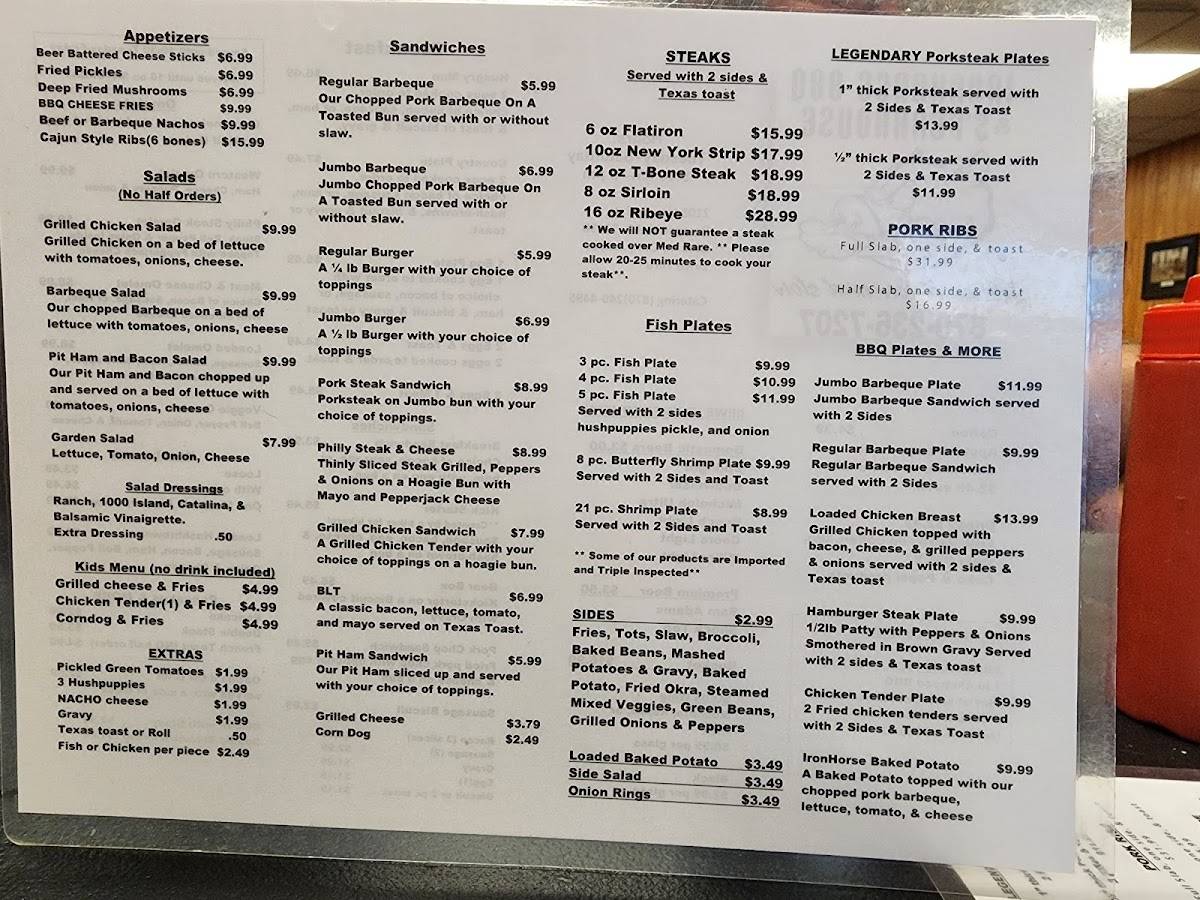 Menu at Ironhorse Barbeque And Steakhouse, Paragould