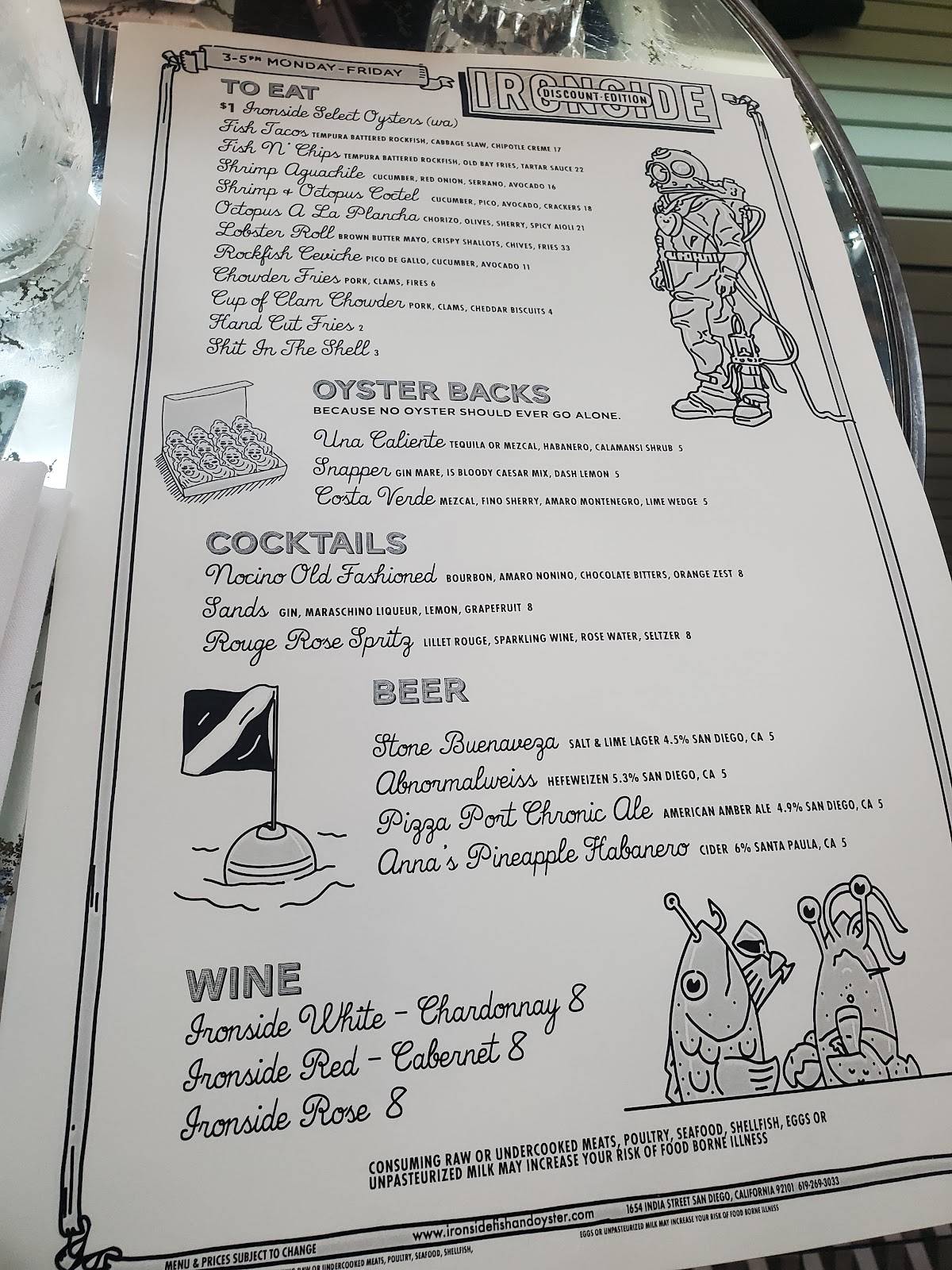 Menu at Ironside Fish & Oyster Bar, San Diego, India St