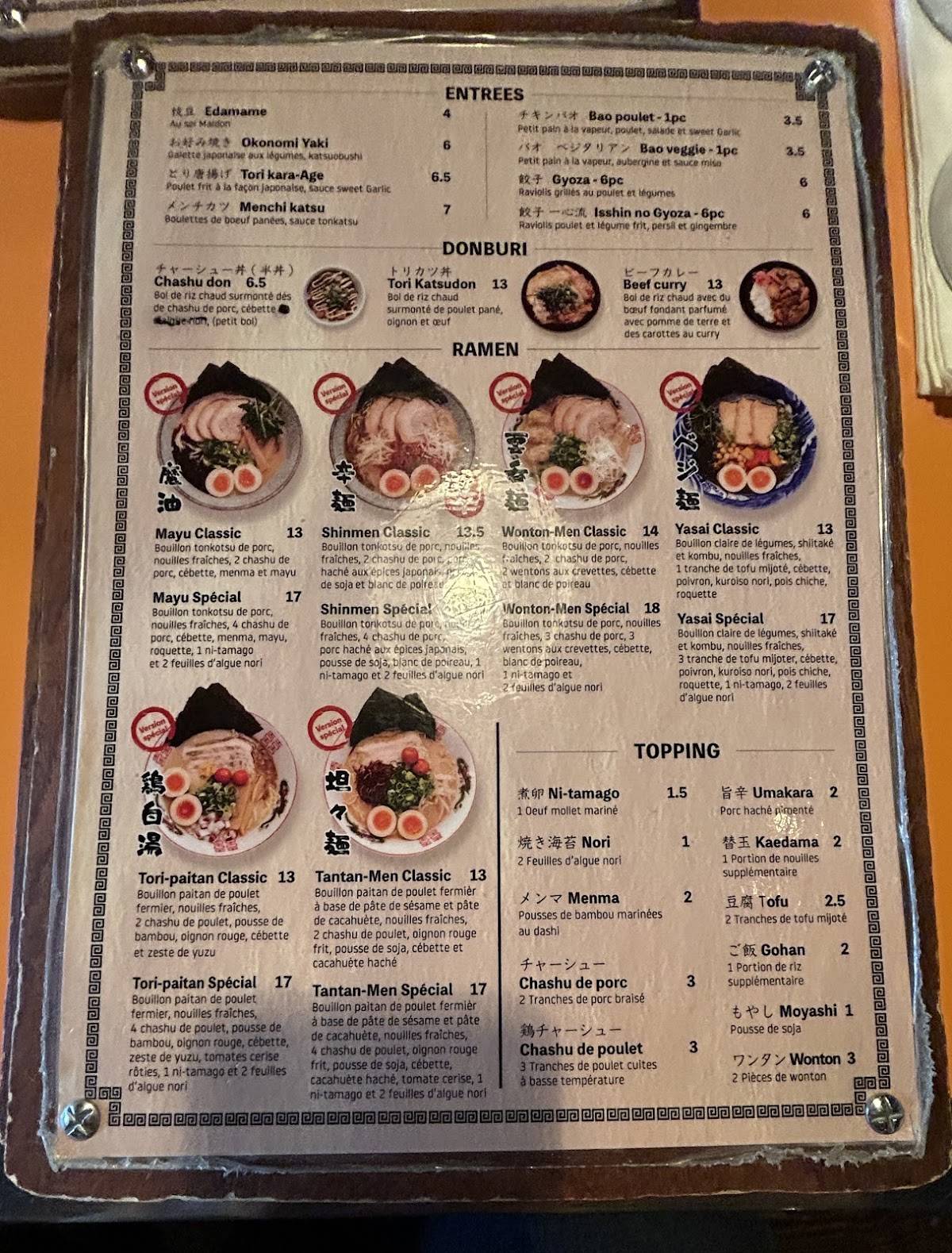 Menu de Isshin Ramen