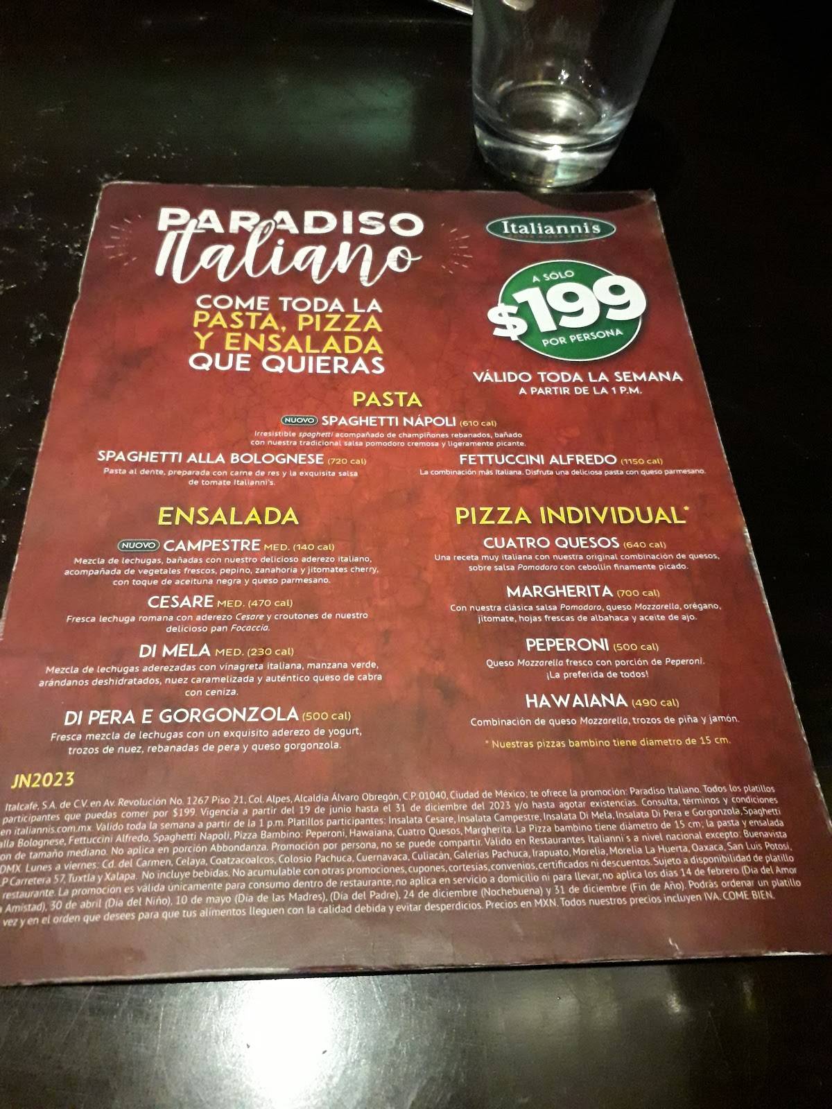 Menu at Italianni's restaurant, San Sebastián Atlahapa
