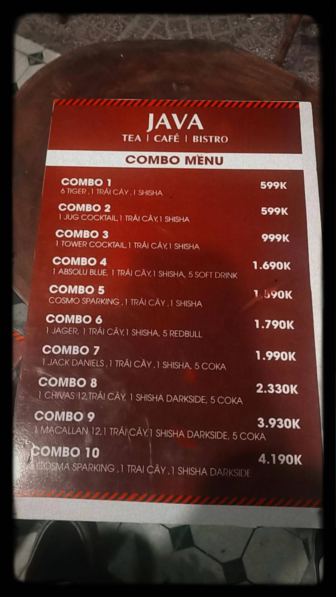 Menu at JAVA cafe, Ho Chi Minh City