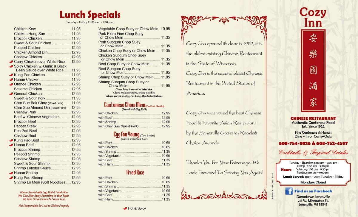 Menu at Cozy Inn Chinese Restaurant, Janesville
