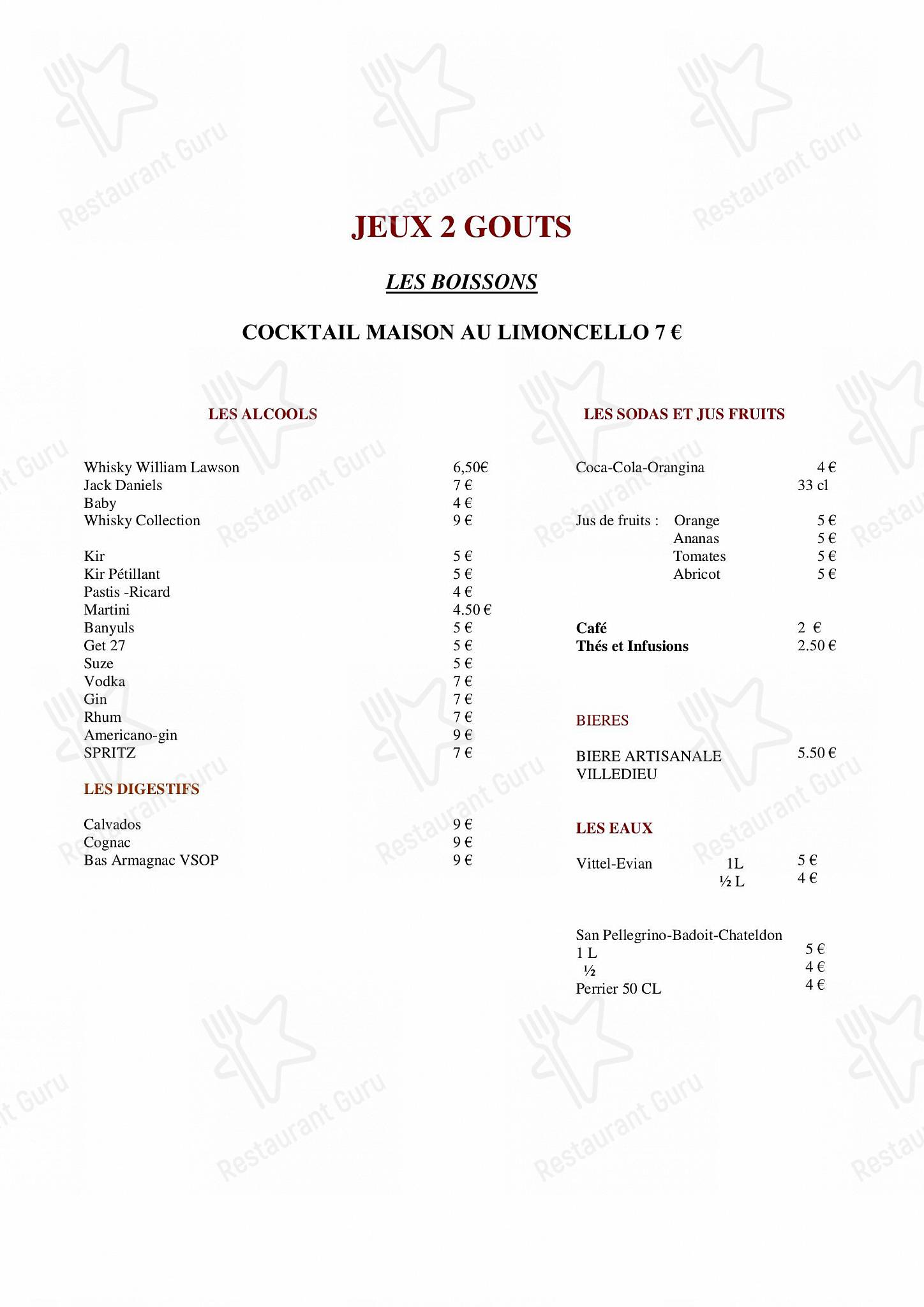 Menu pour Jeux2 Goûts Châteauroux - Group Booking Menu