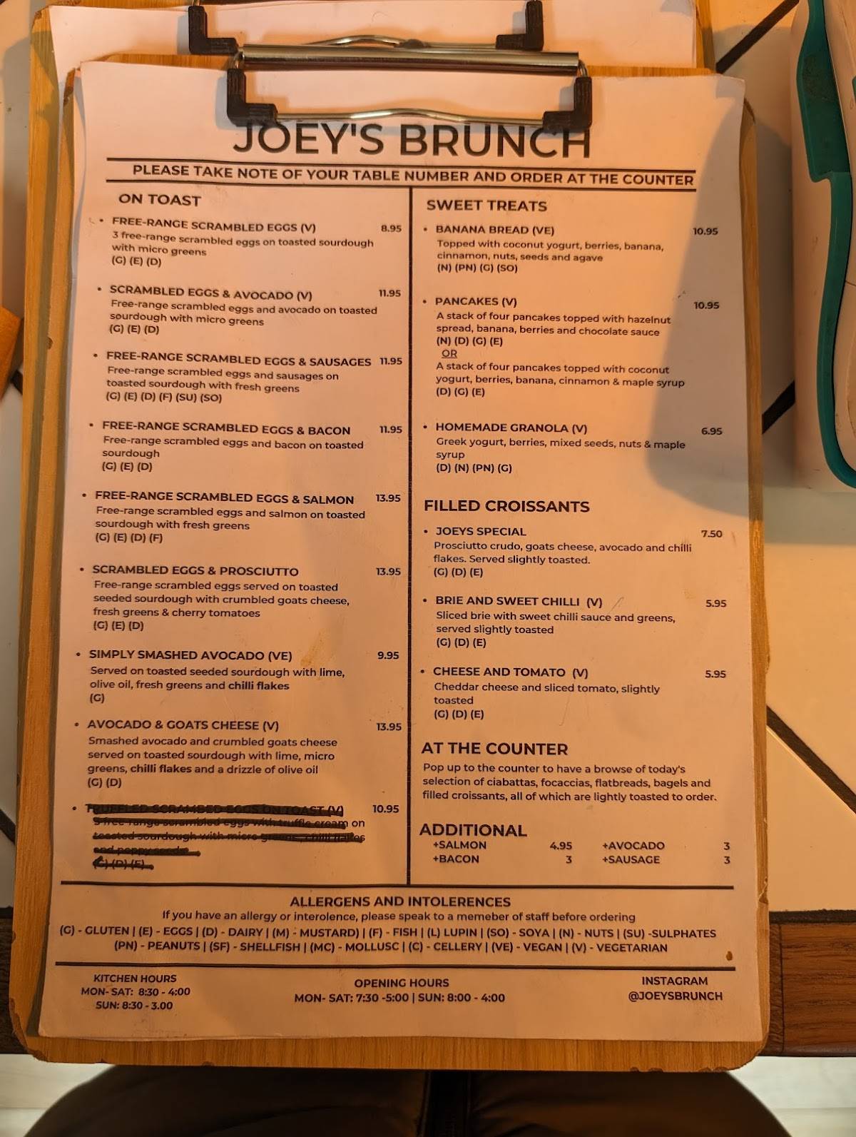 Menu at Joey's Brunch restaurant, Hitchin