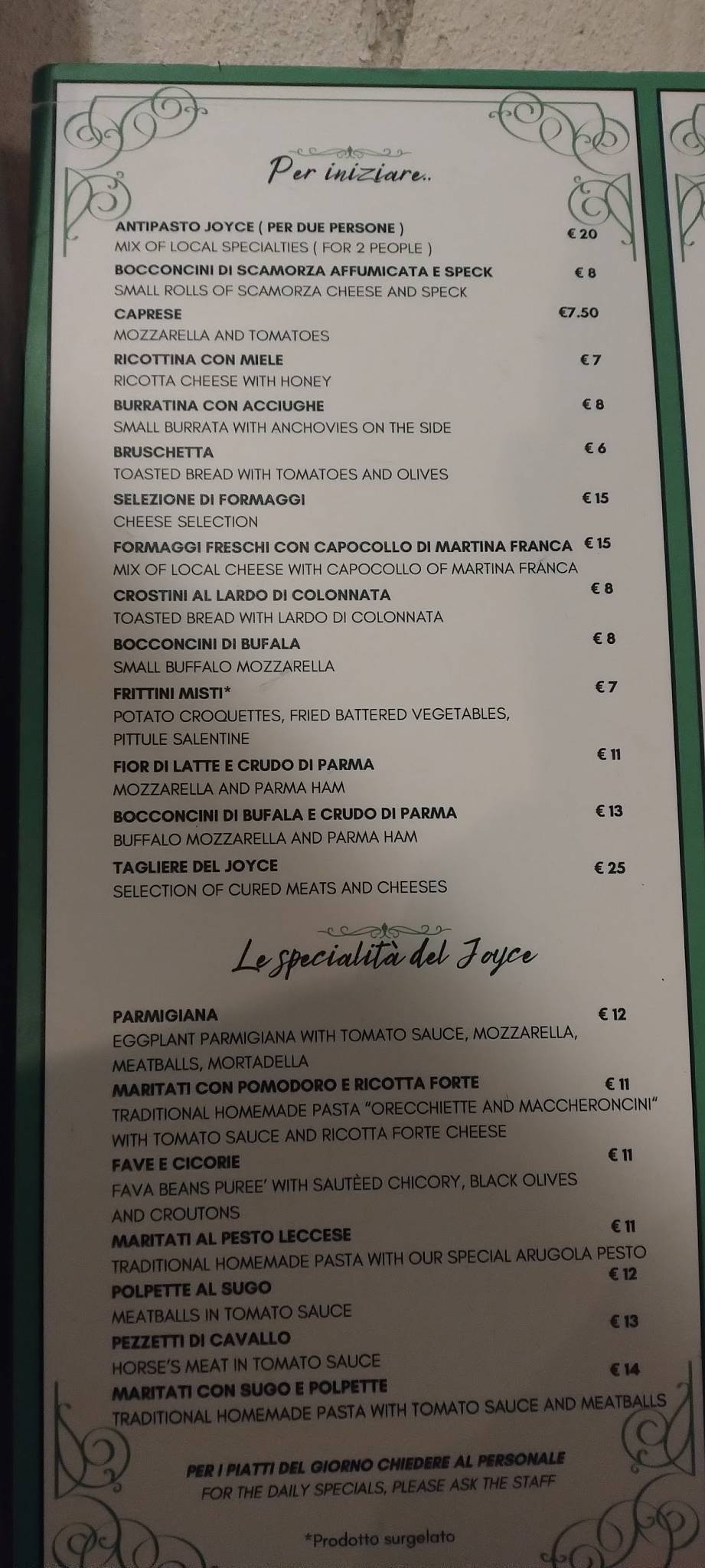 Menu di Joyce { Irish Pub / Trattoria Tipica Salentina } 