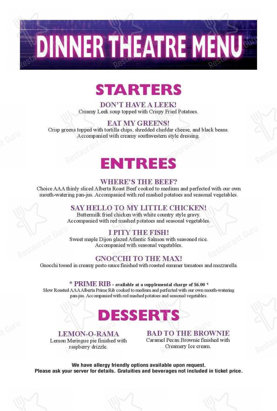 Menu at Jubilations Dinner Theatre restaurant, Calgary