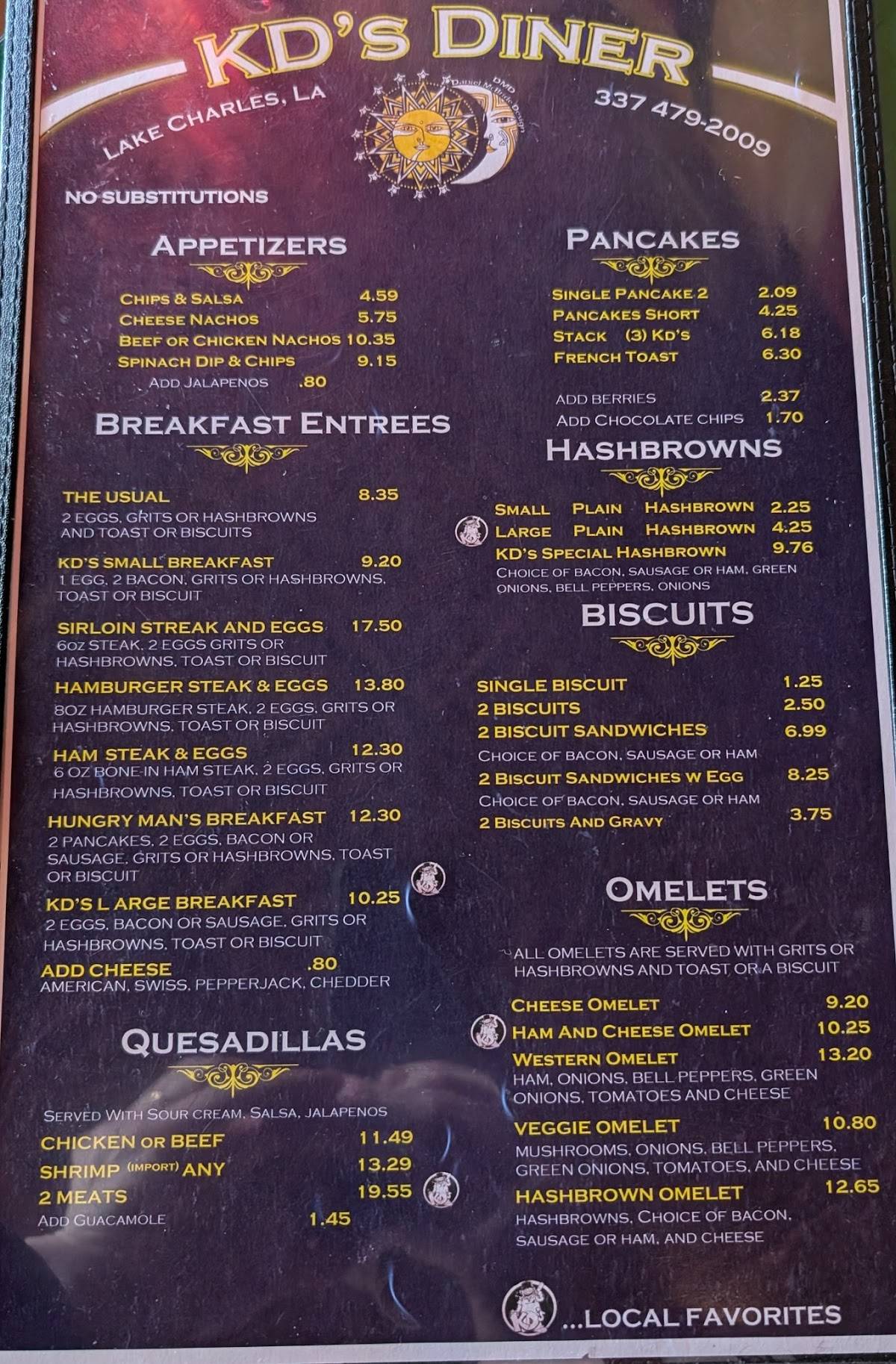Menu at KD's Diner restaurant, Lake Charles
