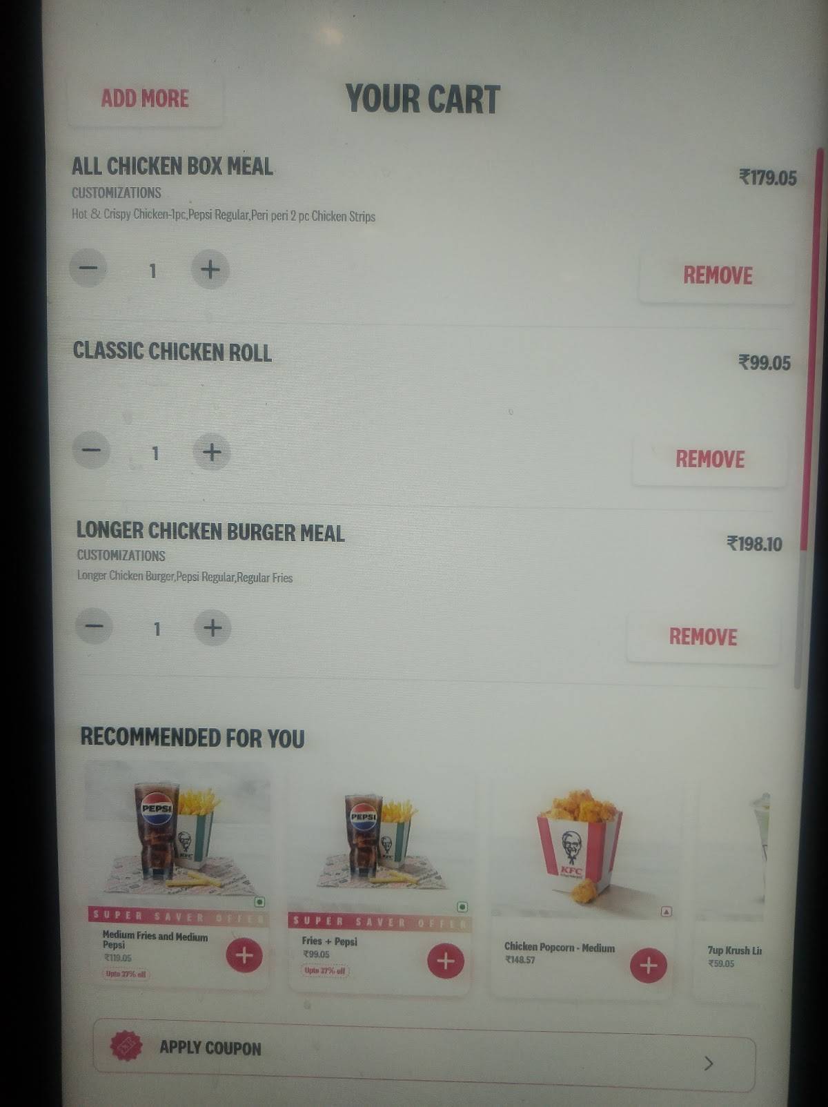 KFC menu