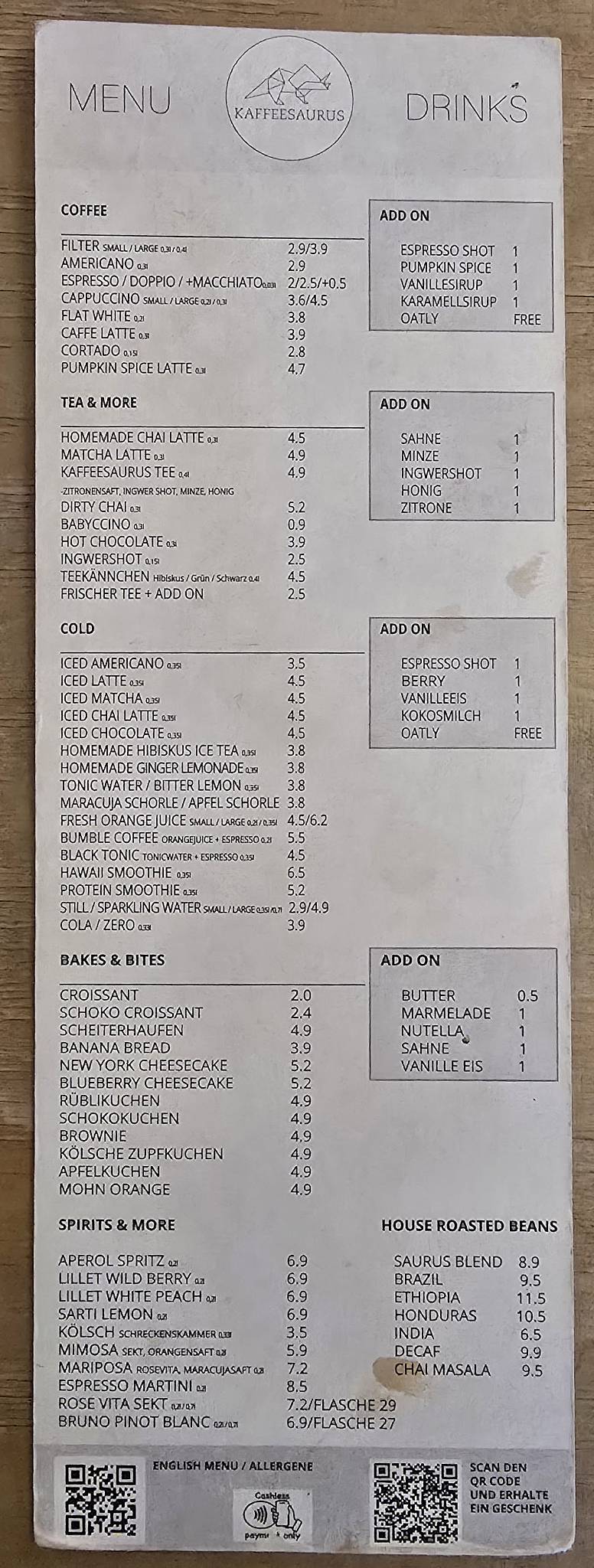 Menu de Kaffeesaurus
