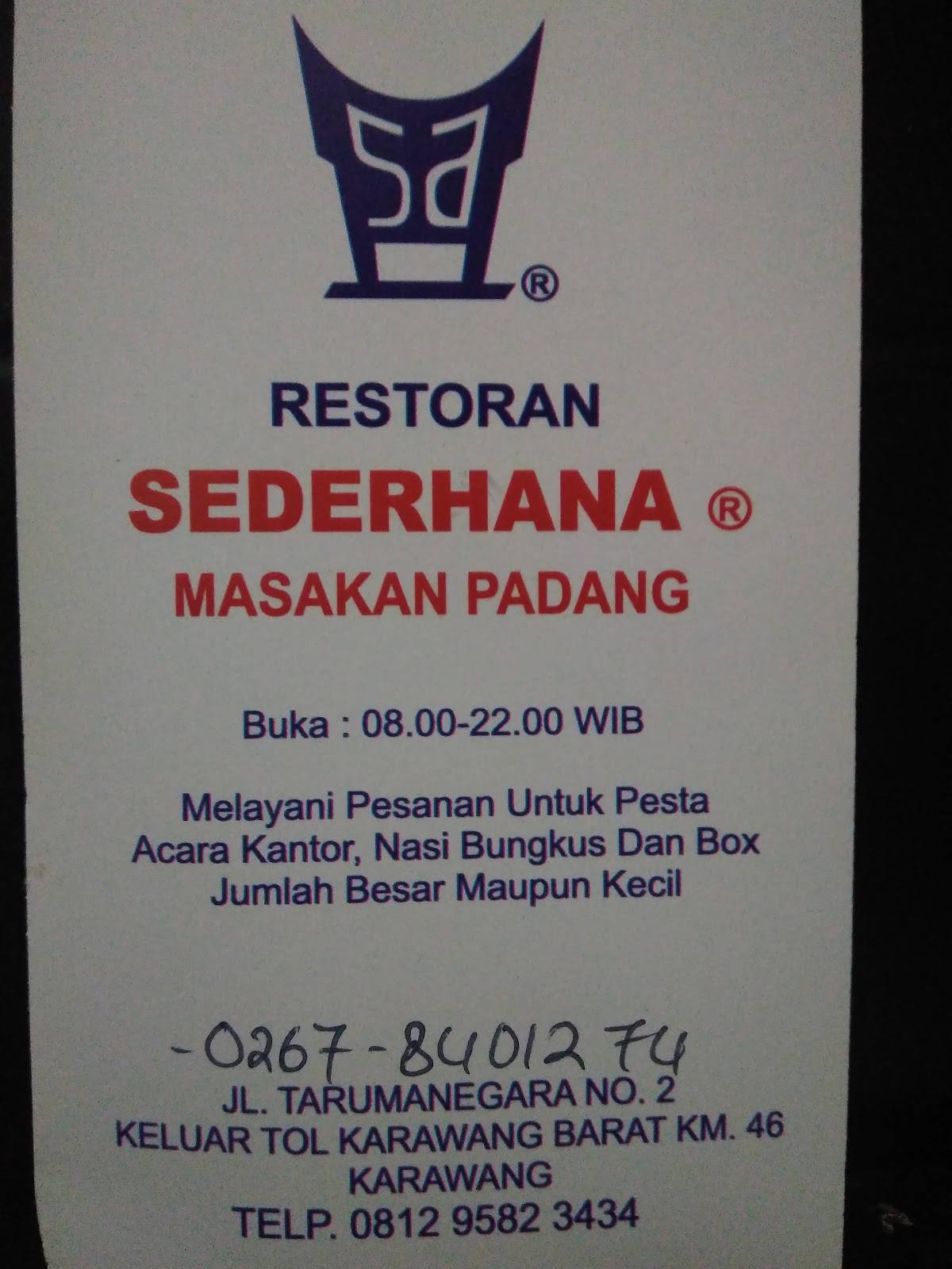 Menu at Restoran Sederhana restaurant, Karawang, JL. TARUMANEGARA NO. 2