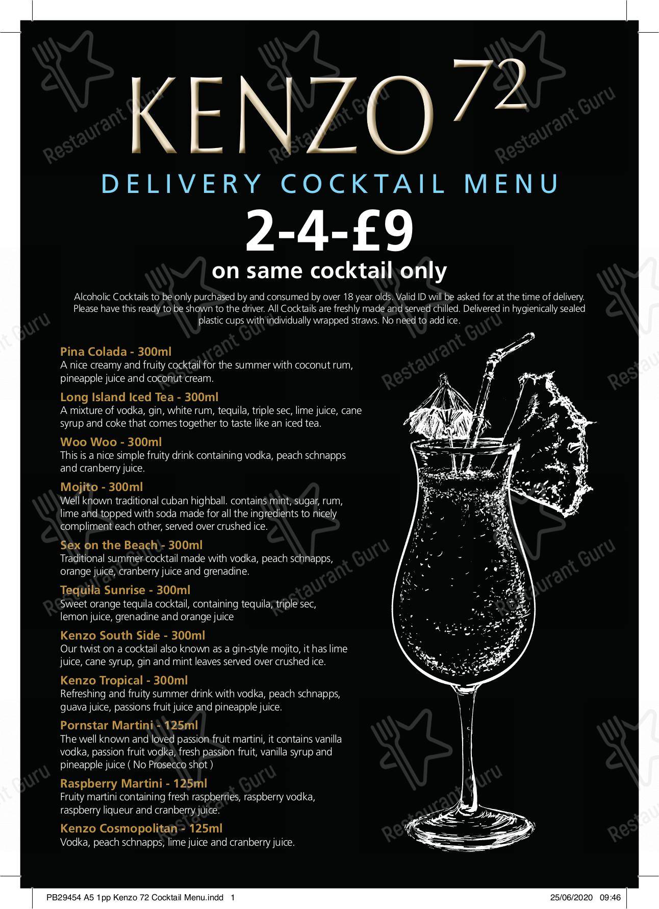 Menu at Kenzo 72 restaurant Swindon