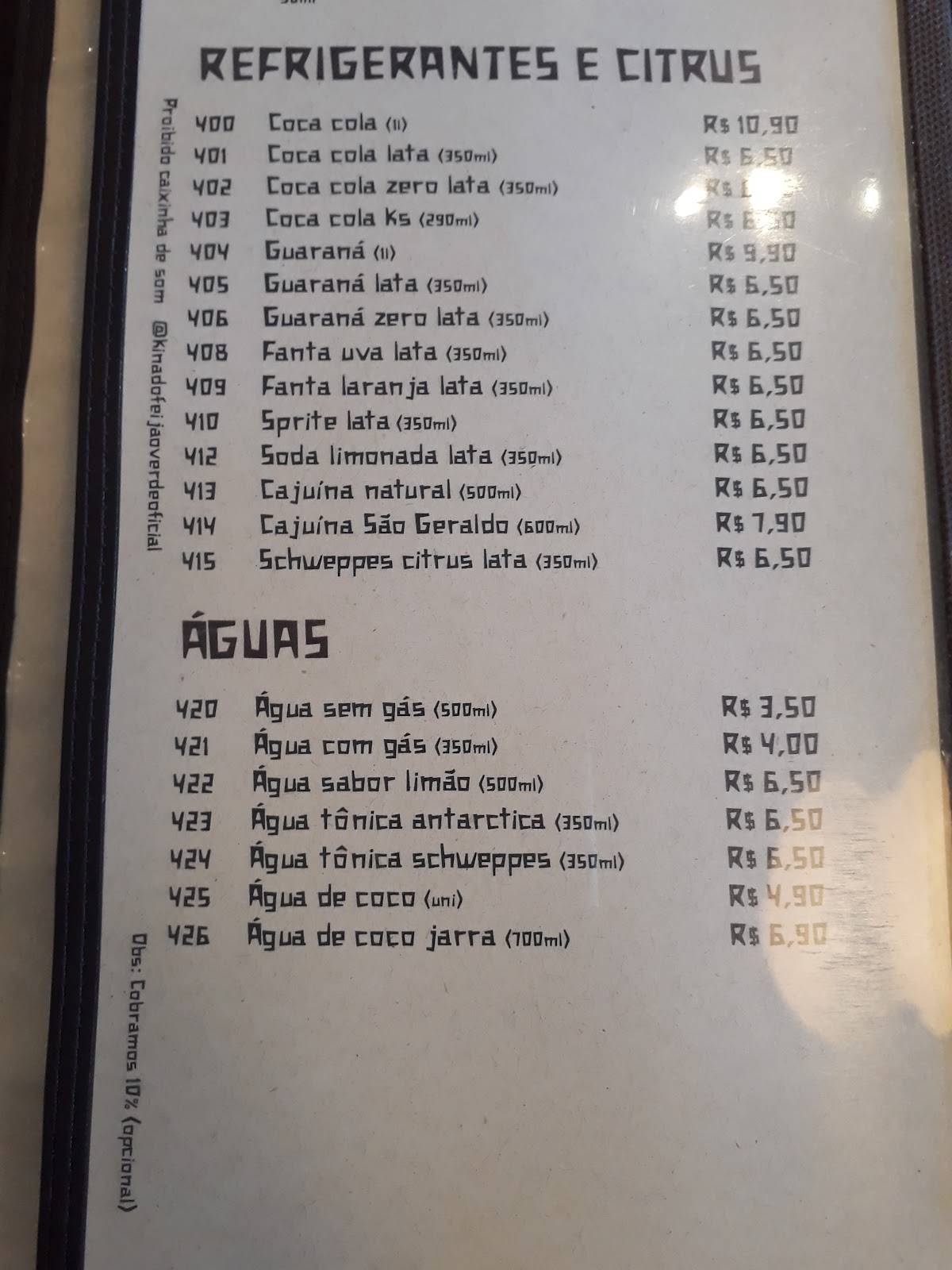 Kina do Feijão Verde cardápio