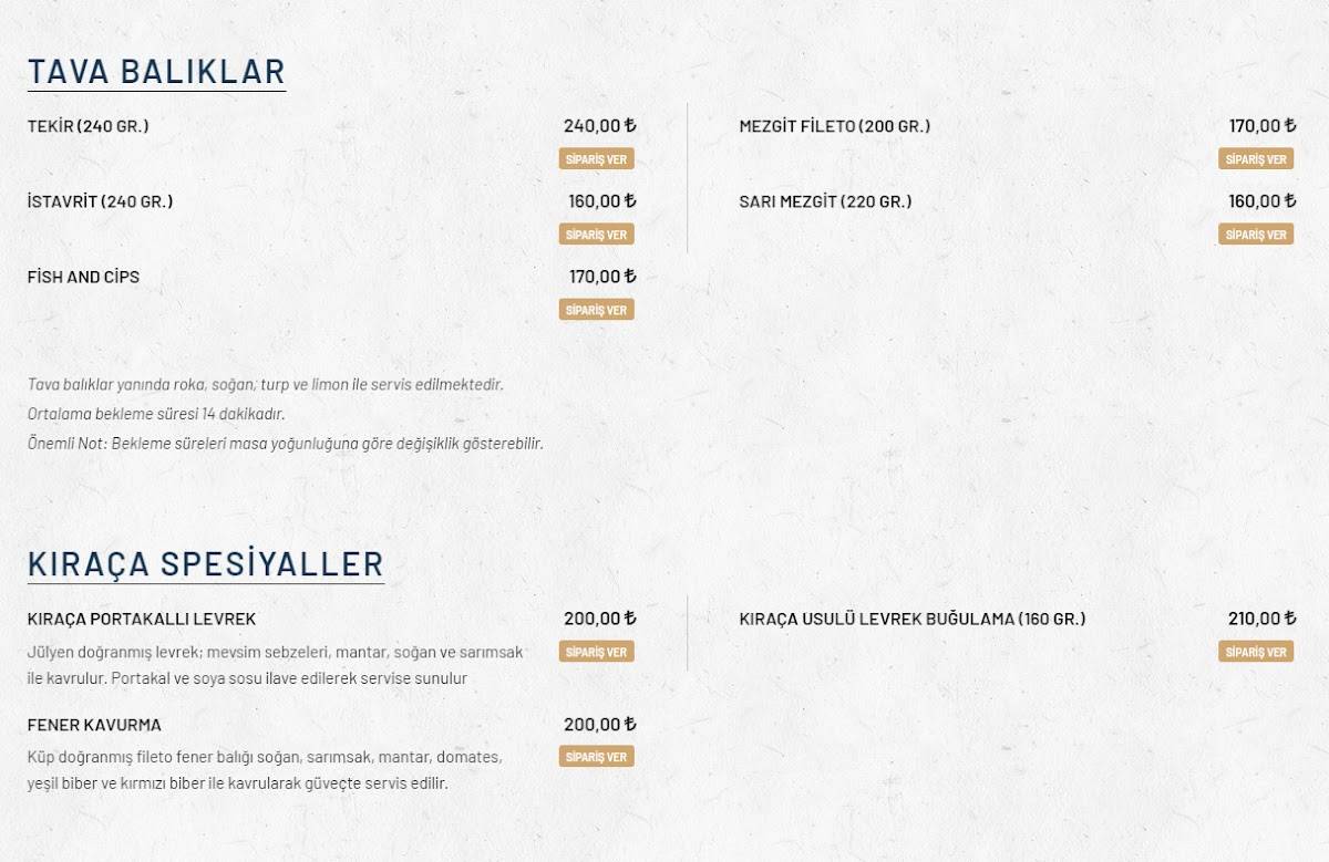 Menu de Kıraça Balık Lokantası Tuzla Sahil