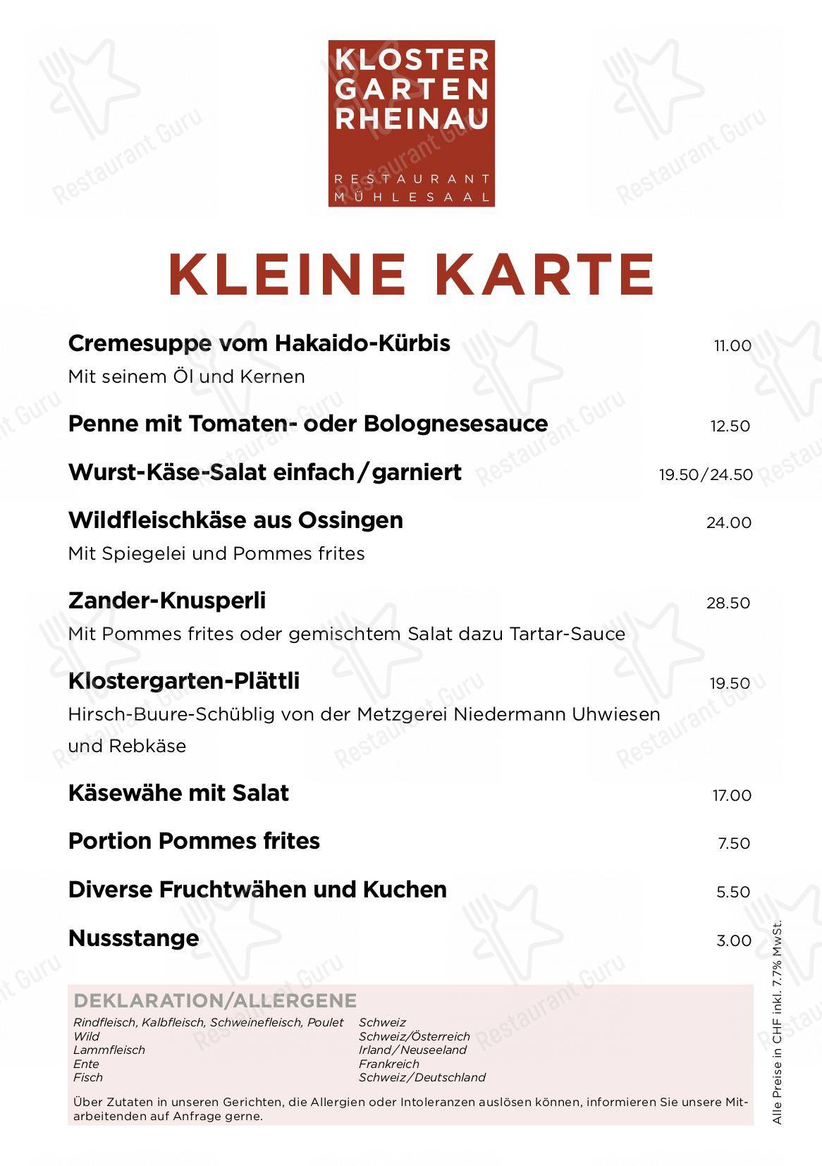 Takeaway Menu per Restaurant Klostergarten ristorante