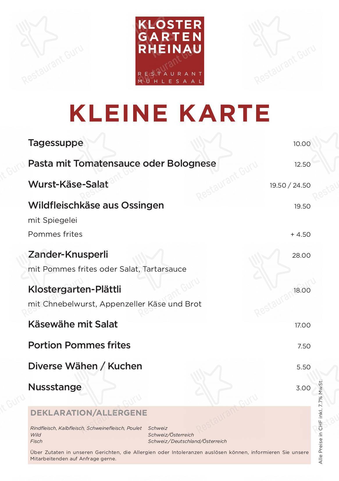Takeaway Menu per Restaurant Klostergarten ristorante