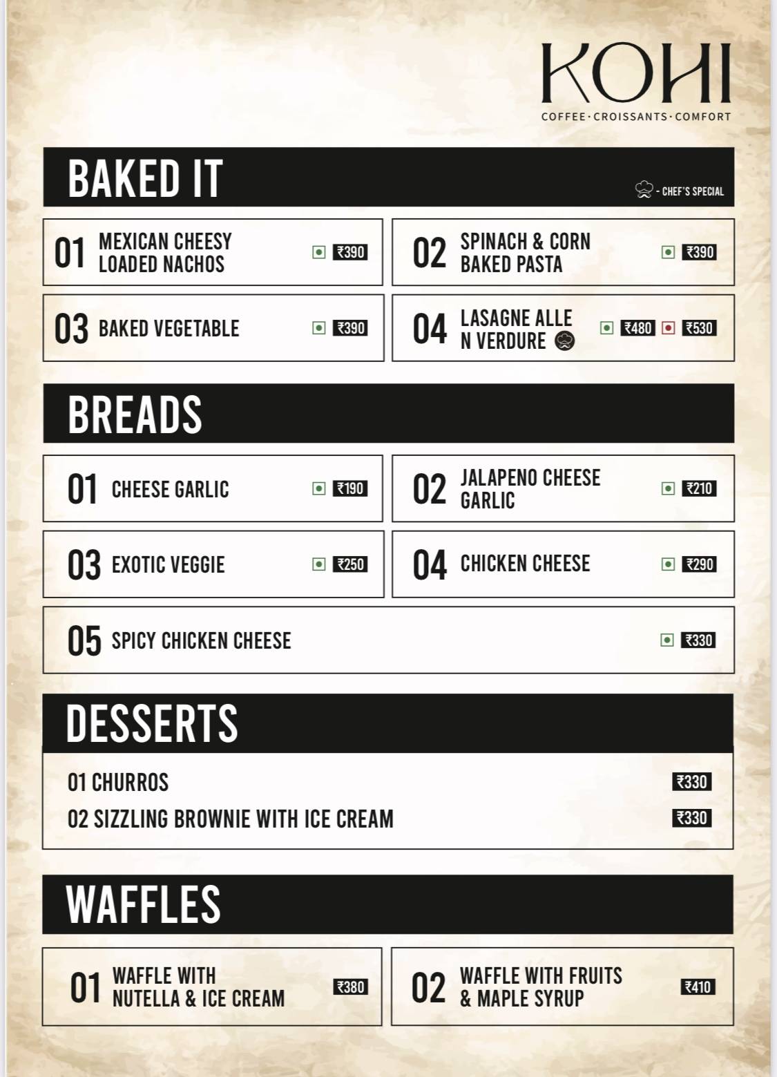 Kohi - The Cafe menu