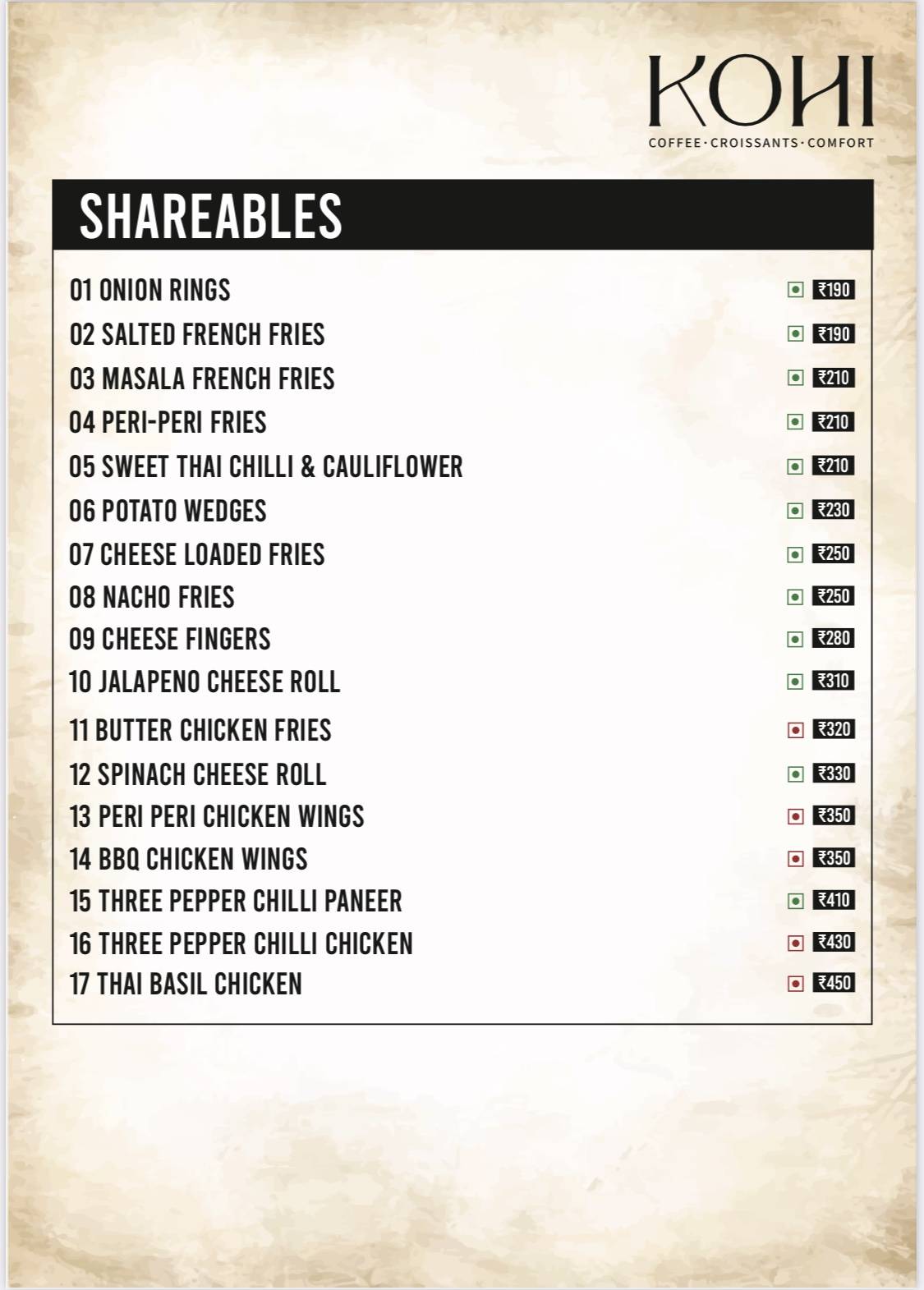 Kohi - The Cafe menu