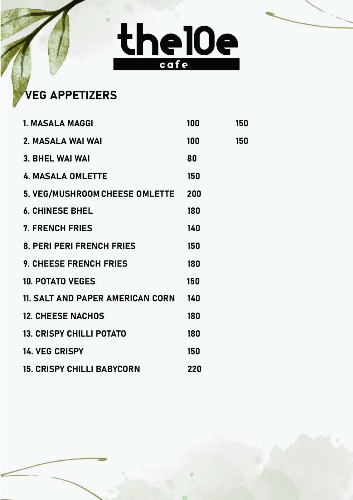 The 10e cafe menu