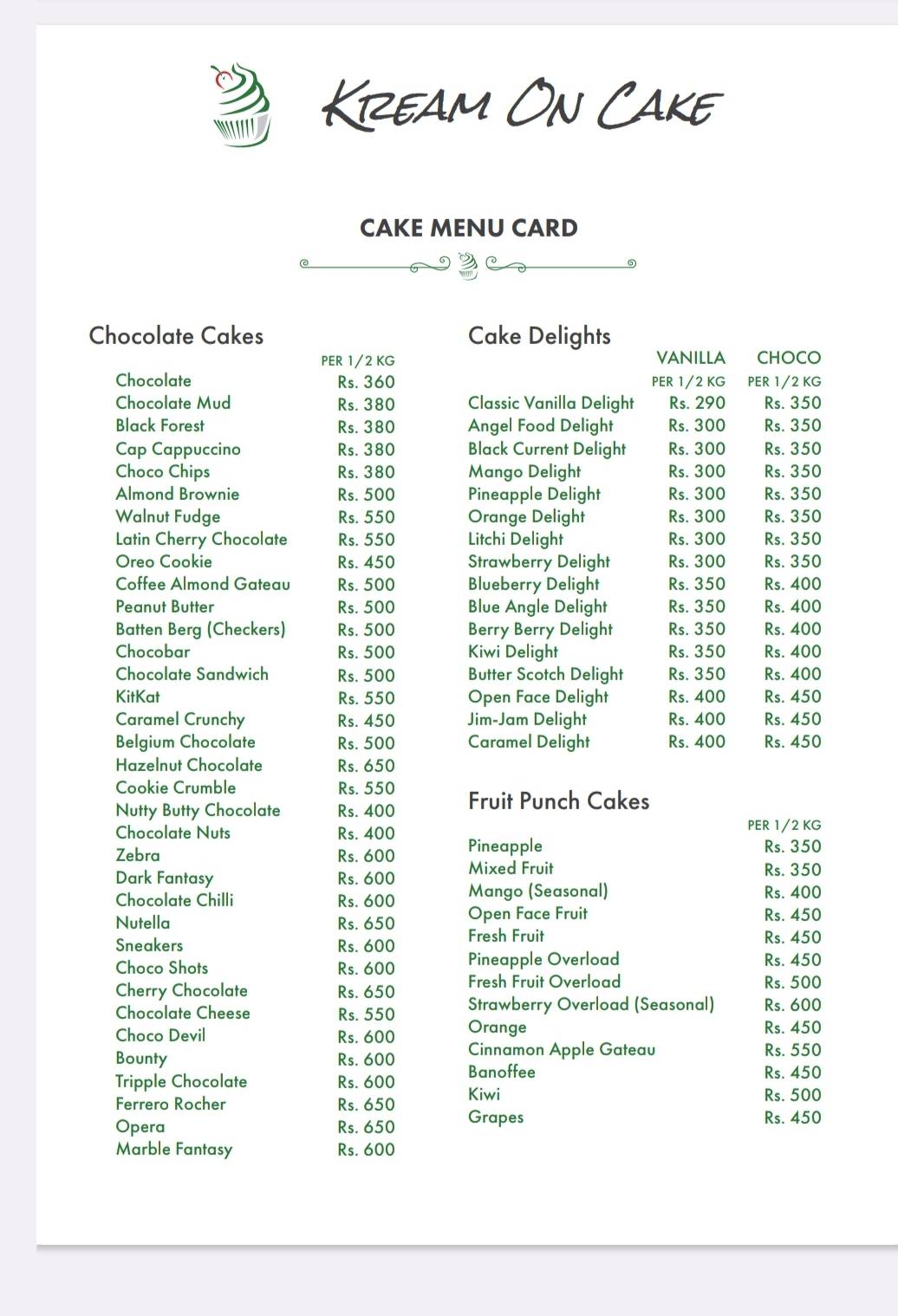 Kream On Cake menu