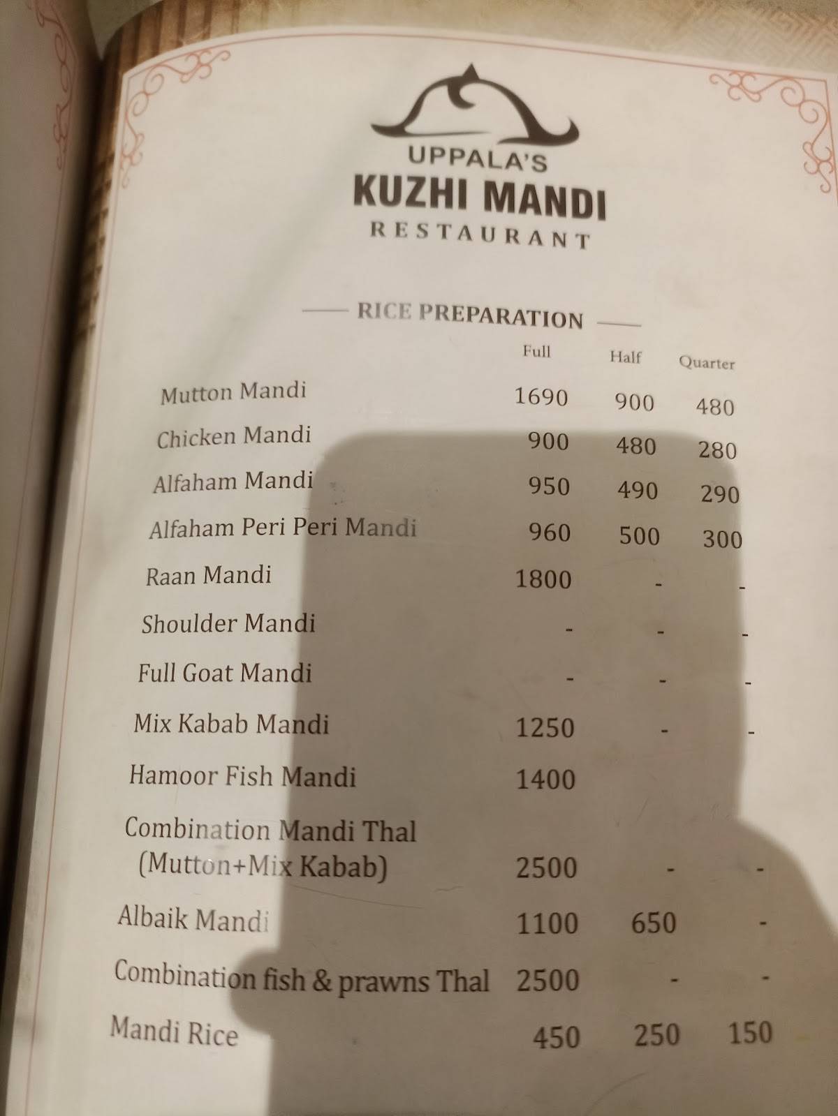 Kuzhi Mandi Restaurant menu
