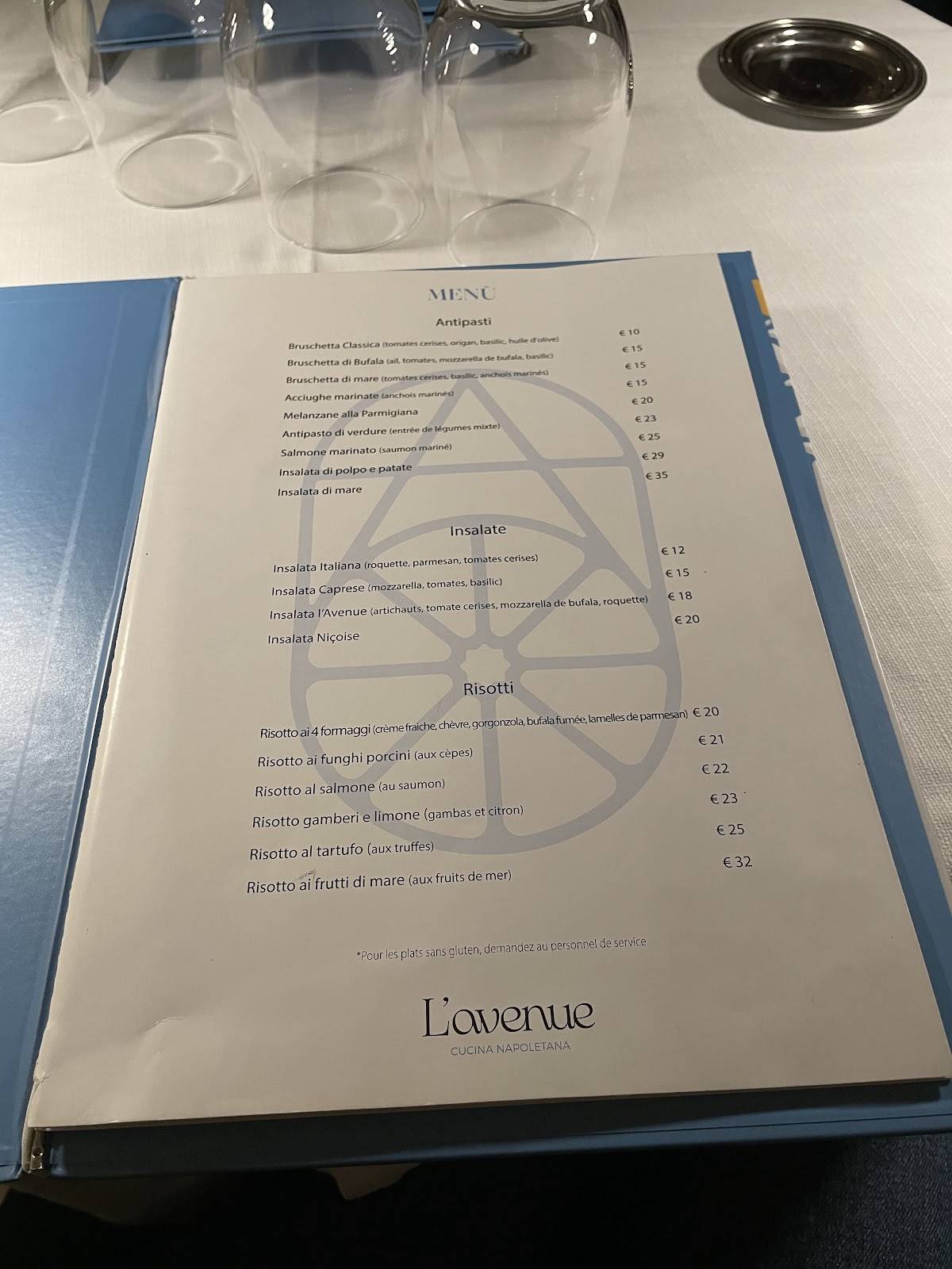 Menu de L'AVENUE RESTAURANT MENTON