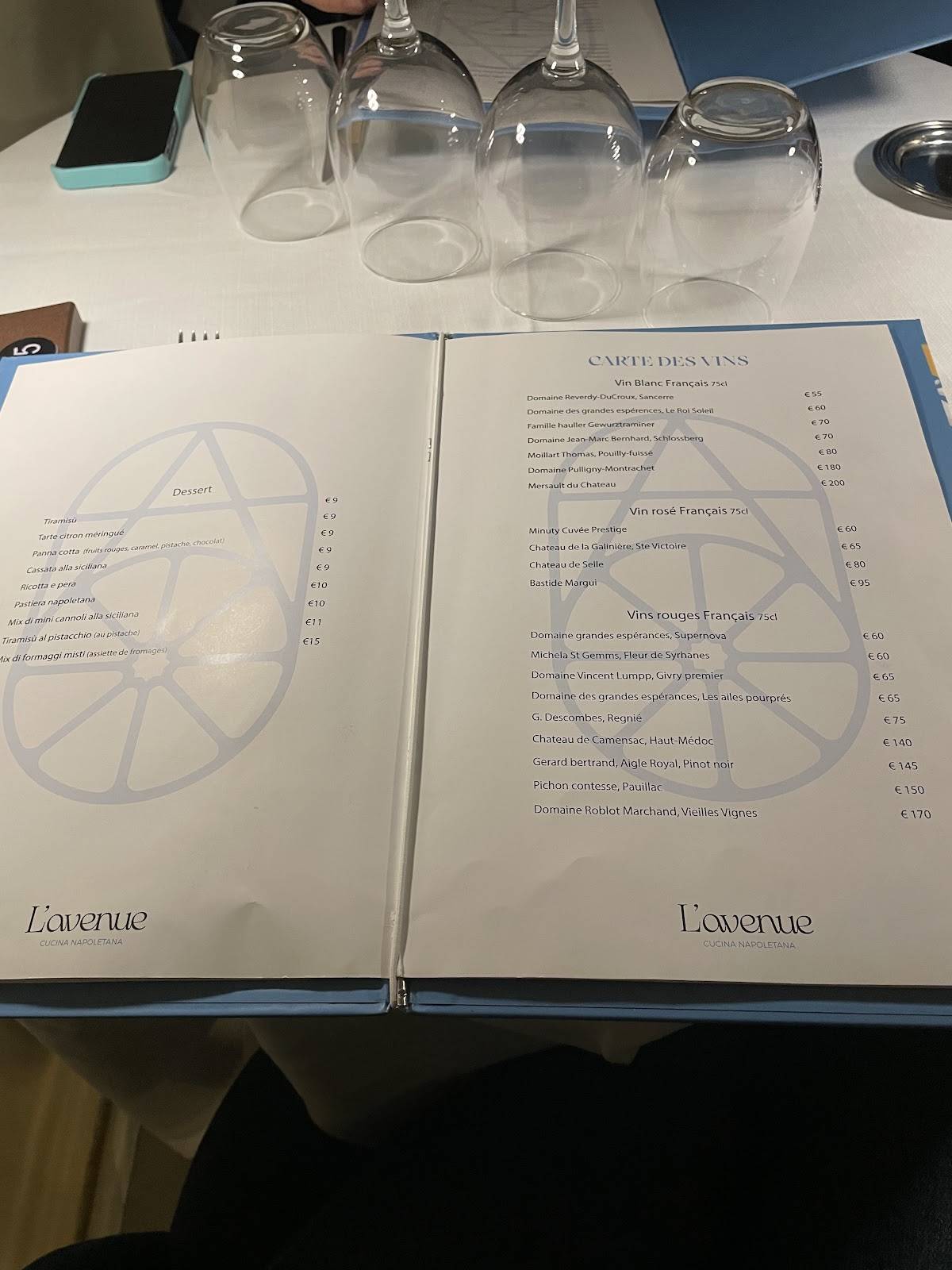 Menu de L'AVENUE RESTAURANT MENTON