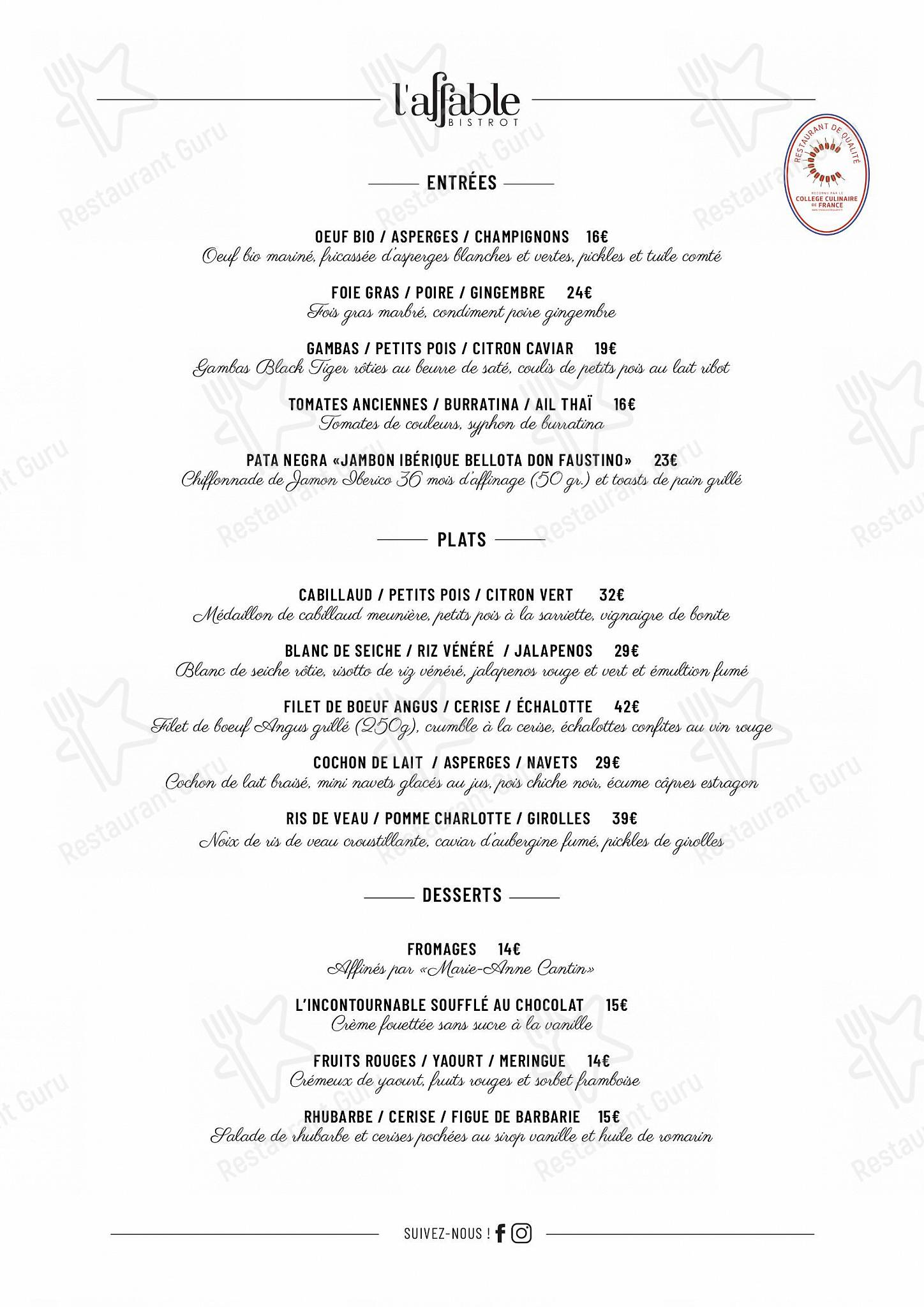 Menu pour L'Affable - Menu bistro