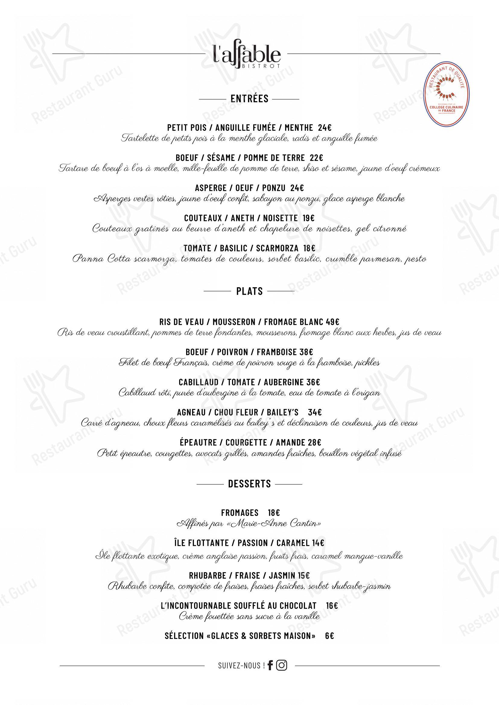 Menu pour L'Affable - Menu bar