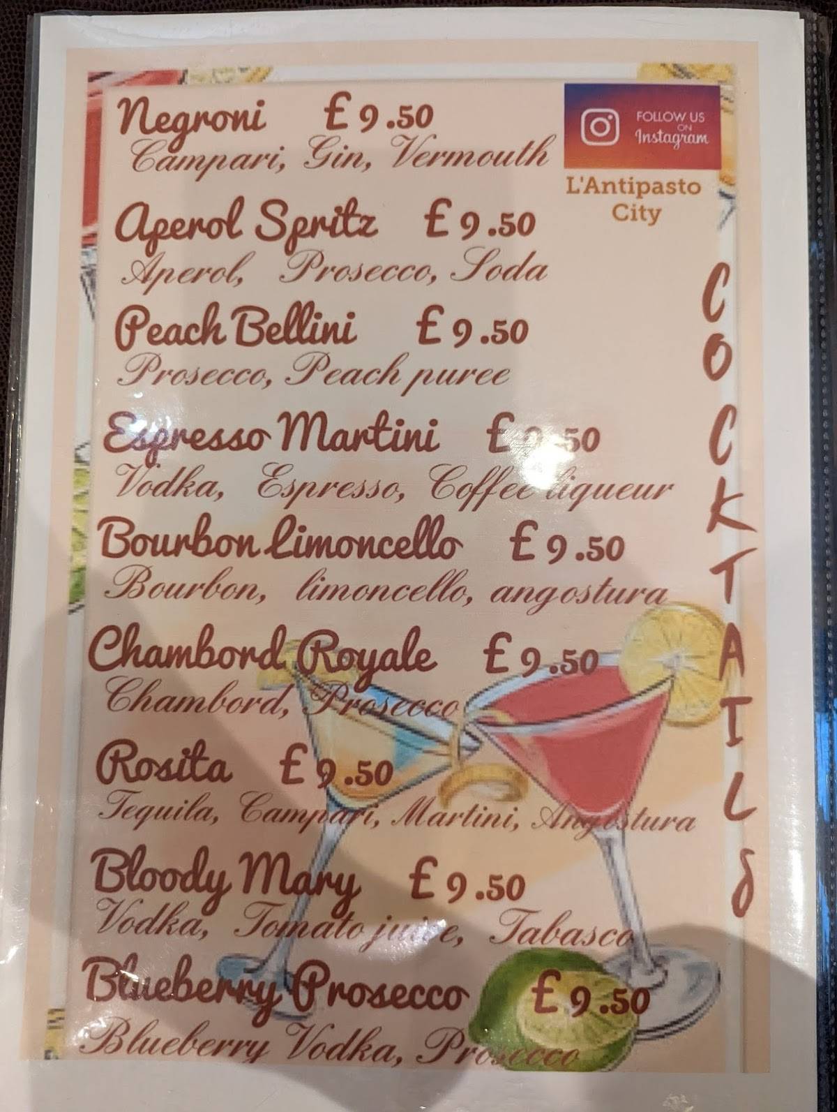 Menu at L’Antipasto City restaurant, London, 24