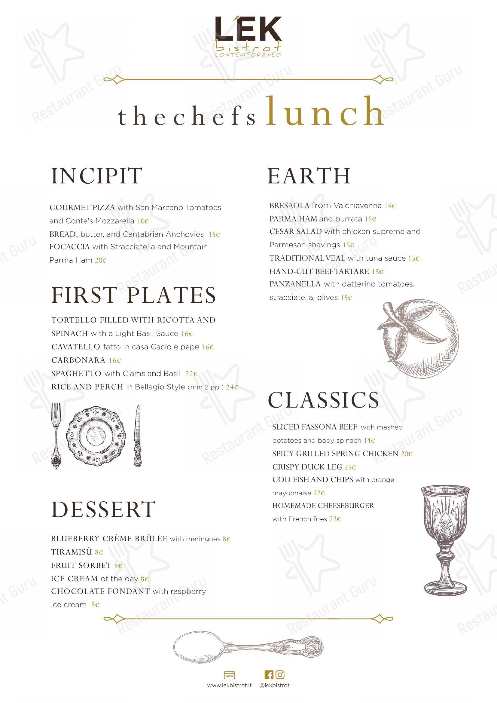 Menu bar per L'Ek Bistrot in Lecco