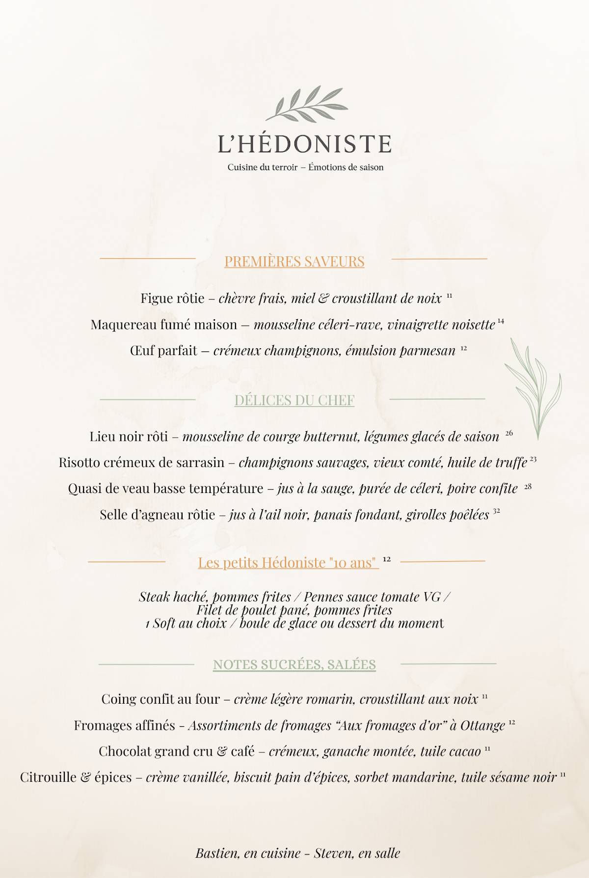 Menu de L'hédoniste Restaurant