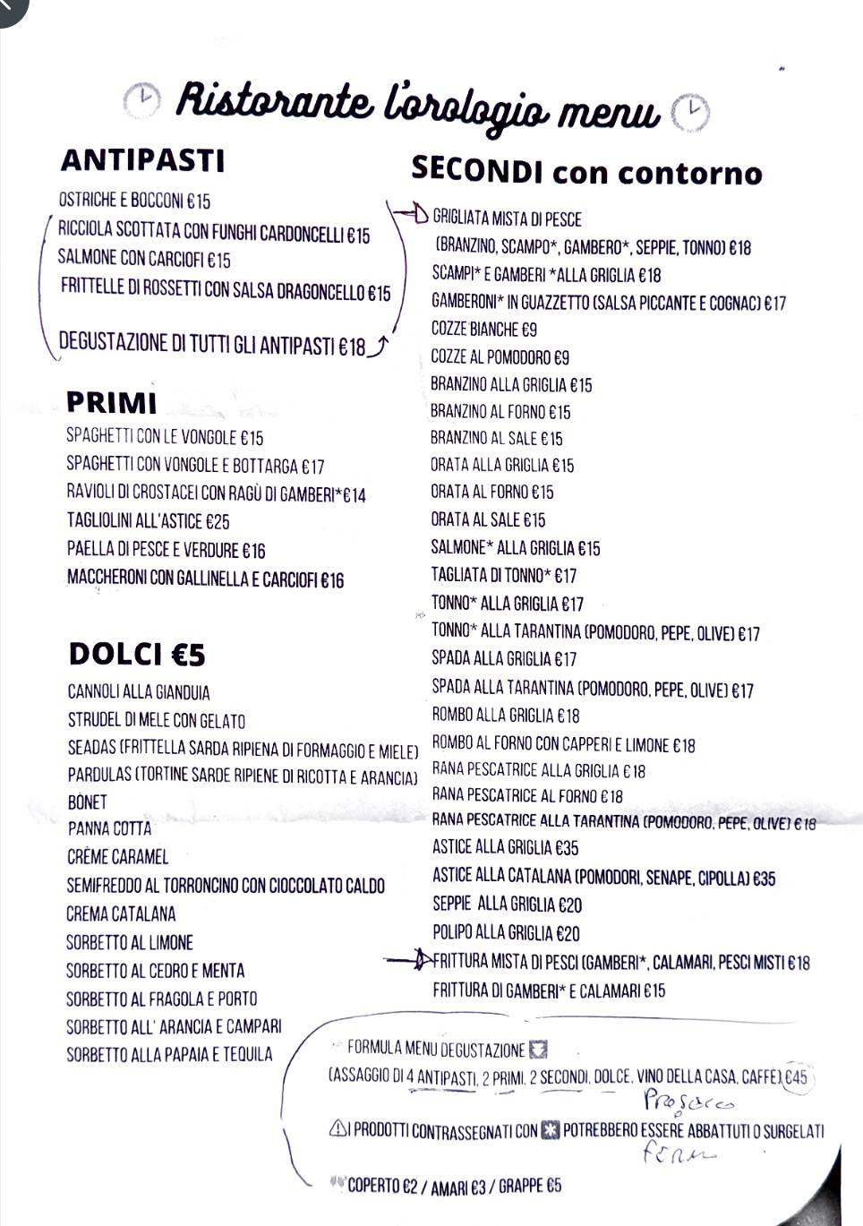 Menu di L'Orologio 