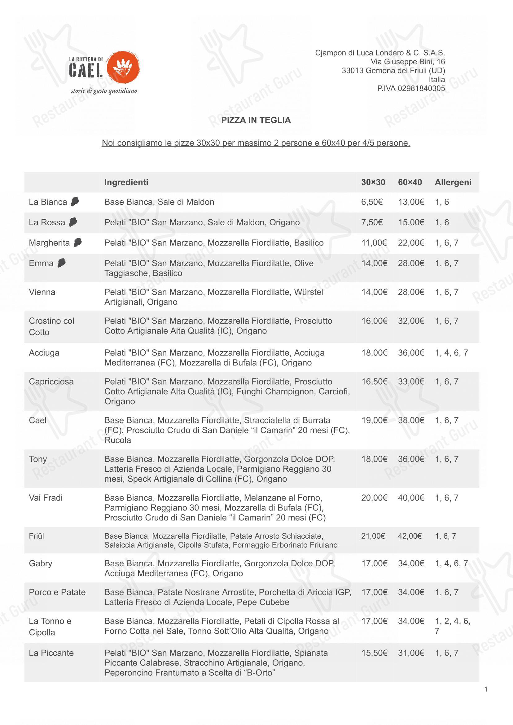 Menu per La Bottega di Cael in Gemona