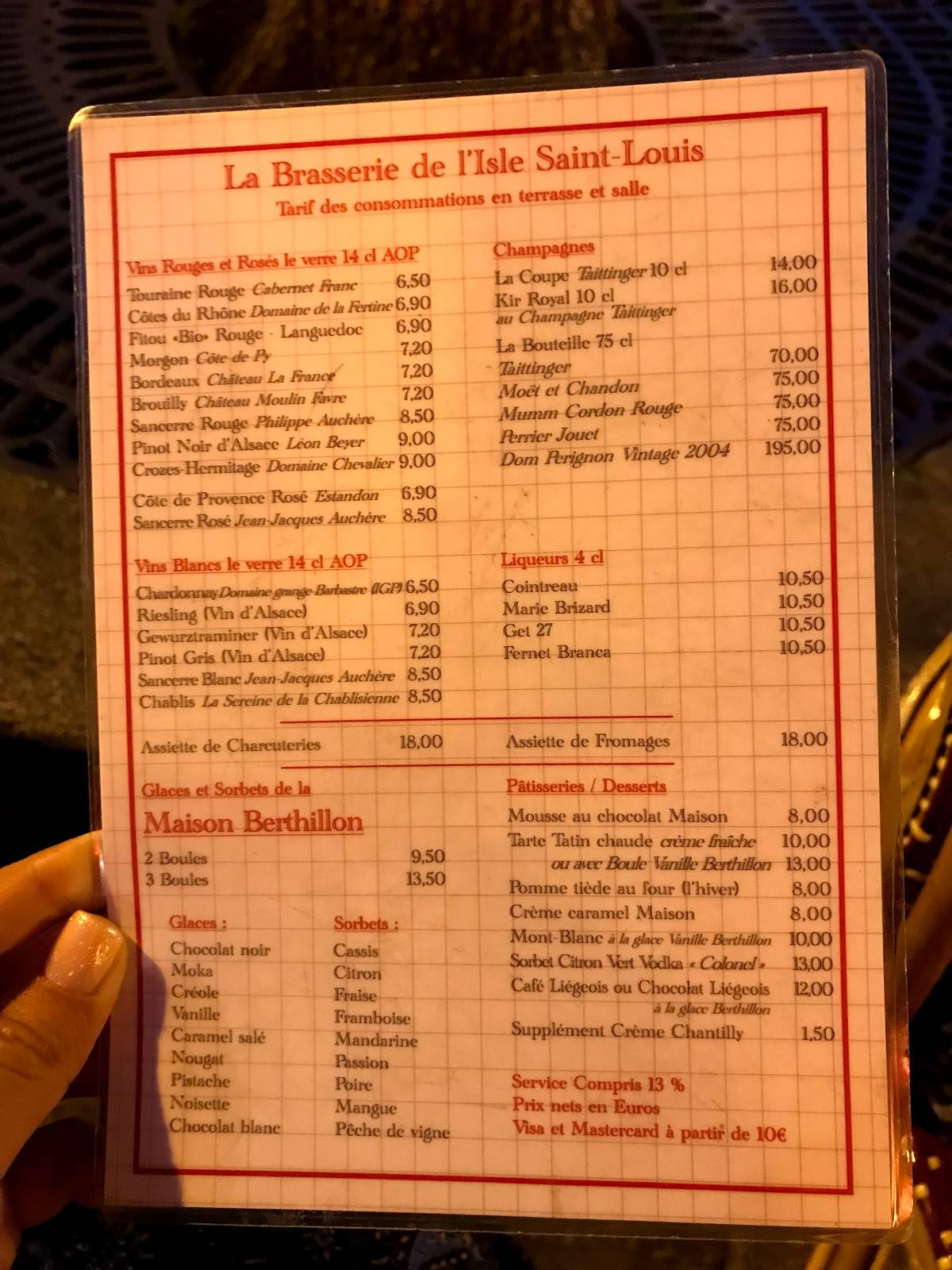 Menu au La Brasserie l'Isle SaintLouis restaurant, Paris