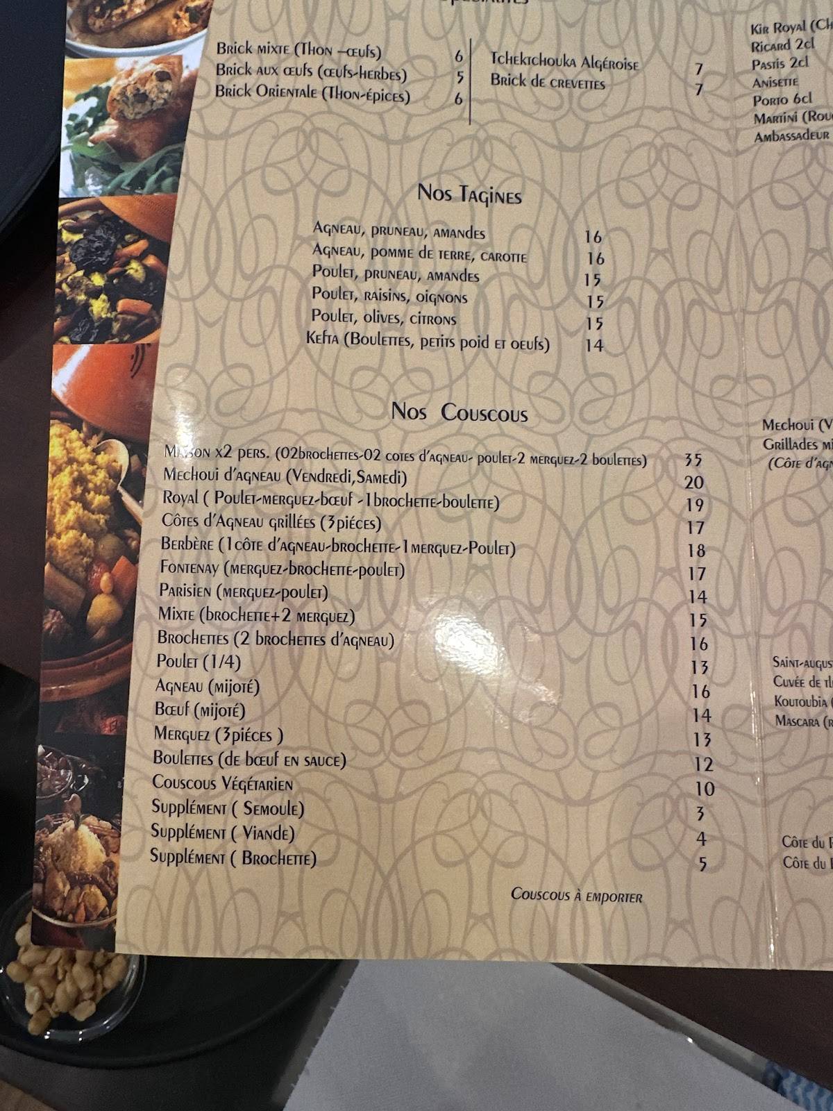 Menu au La Couscoussière de Fontenay restaurant, FontenaysousBois