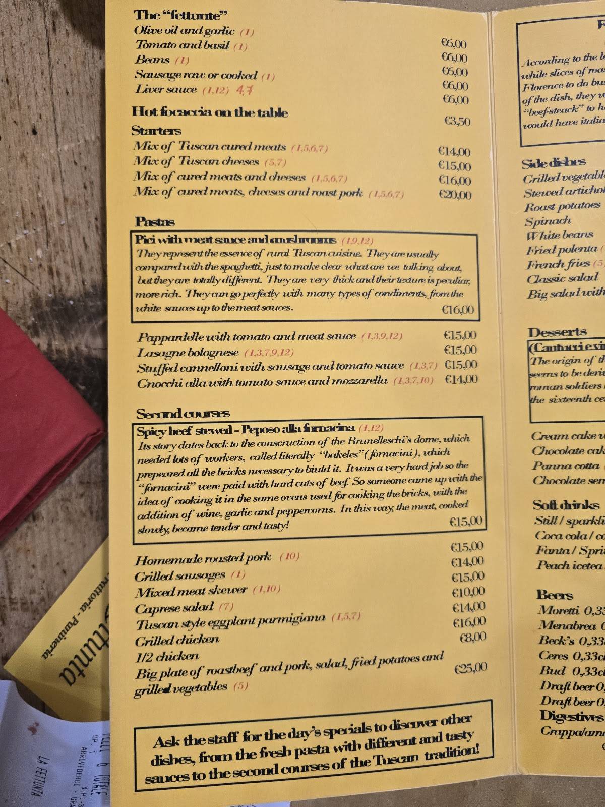 Menu di La Fettunta 