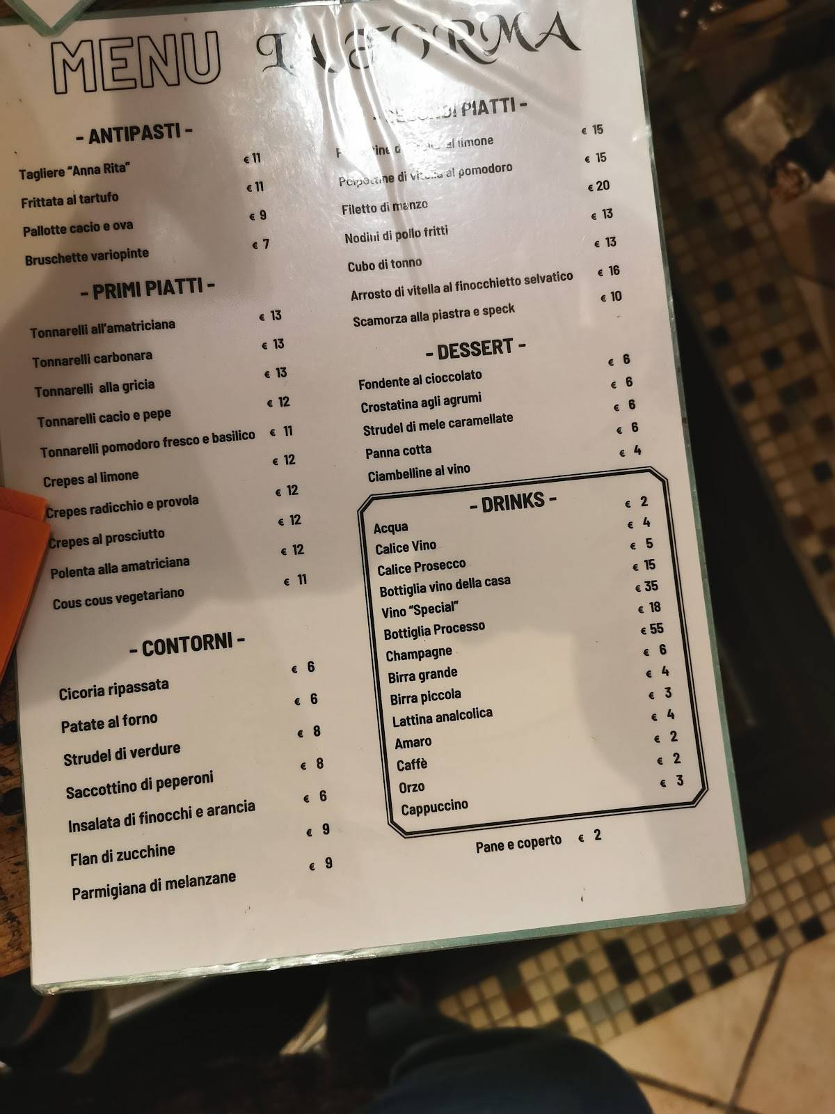 Menu di La Forma - Ristorante a Tivoli 