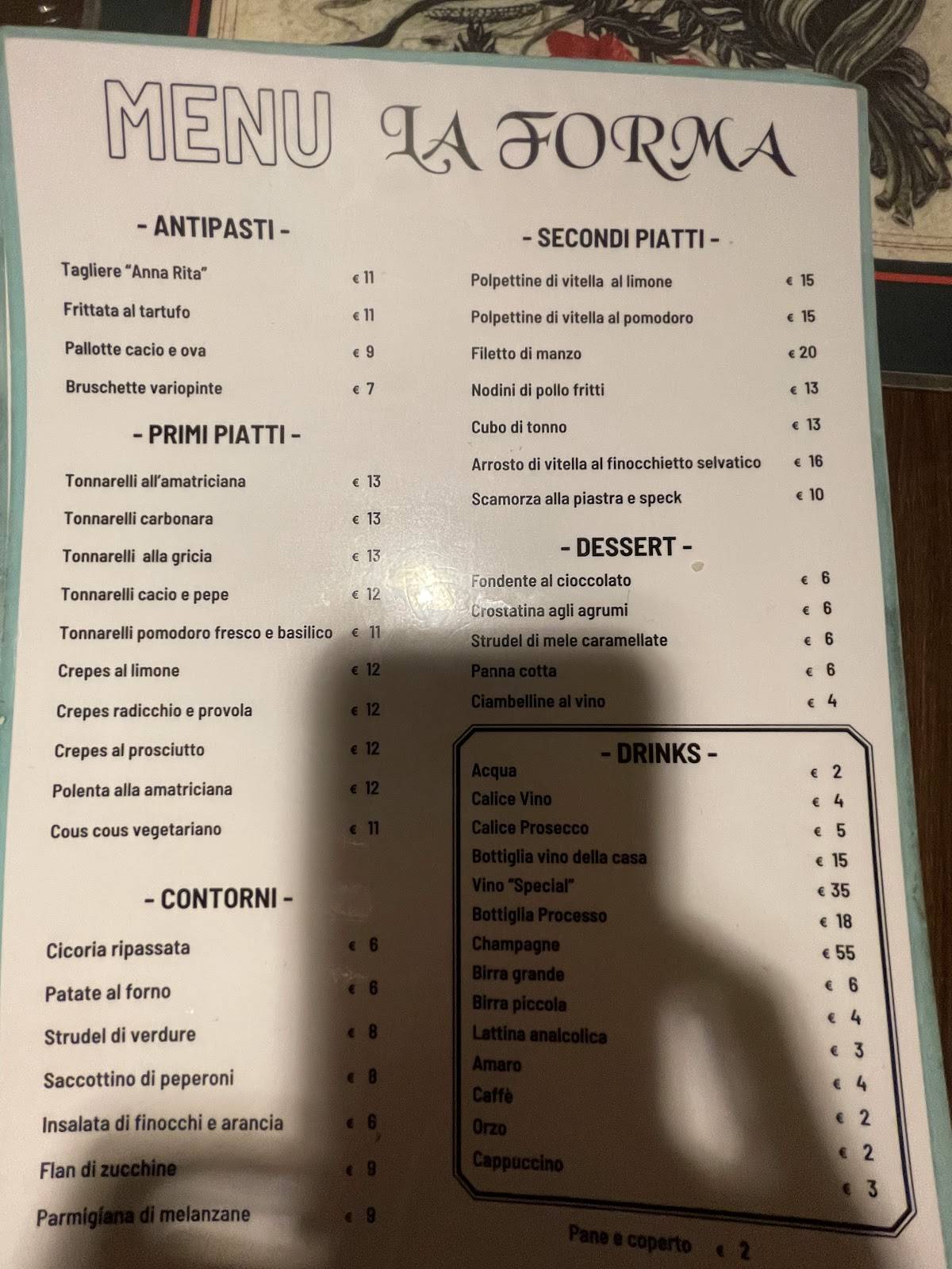 Menu di La Forma - Ristorante a Tivoli 