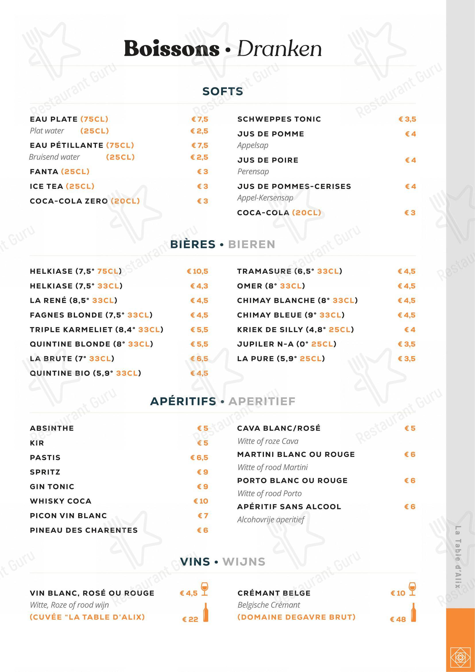 Основное меню pour La Table d'Alix dans Lessines