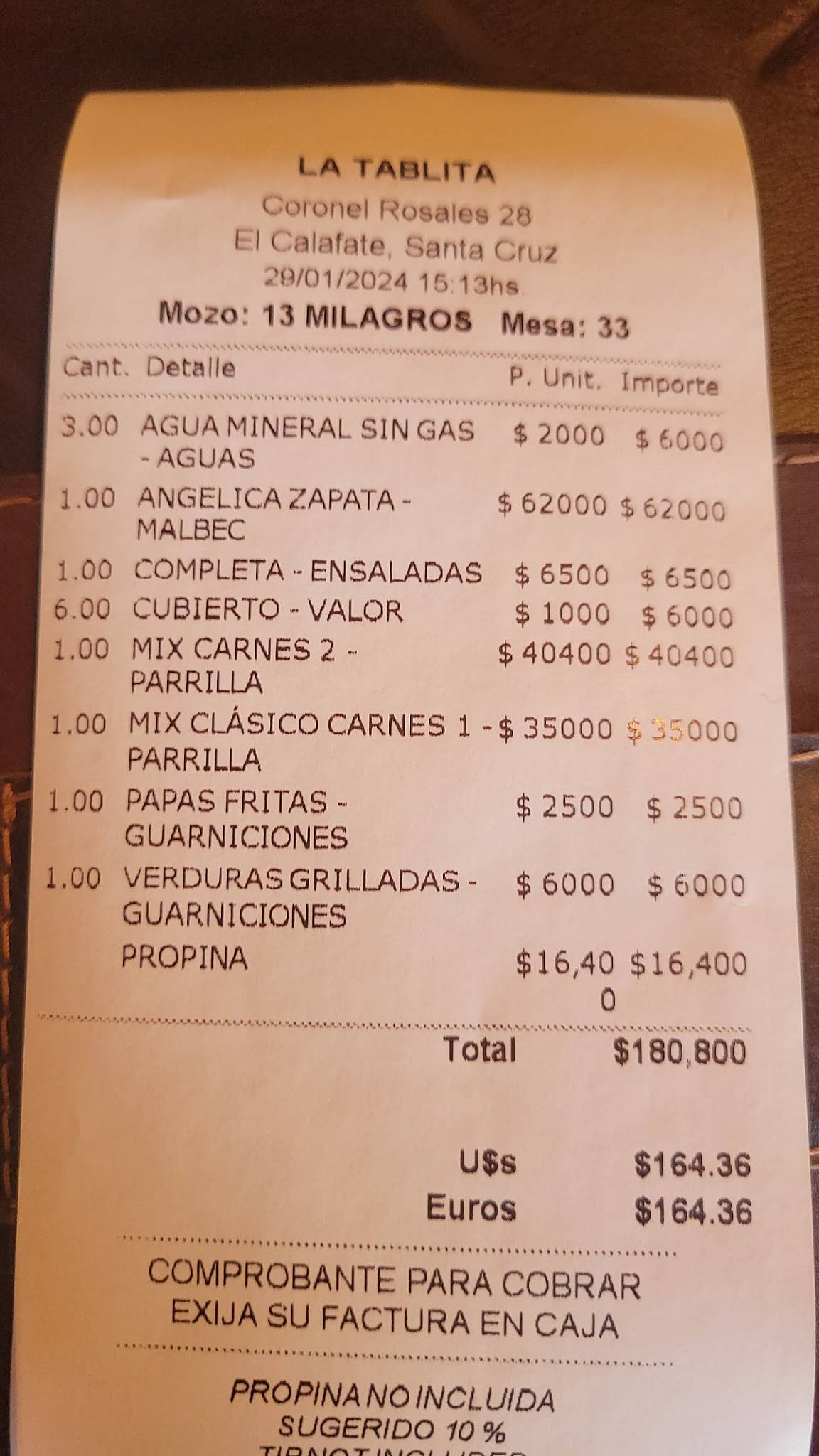Carta de parrilla La Tablita, El Calafate