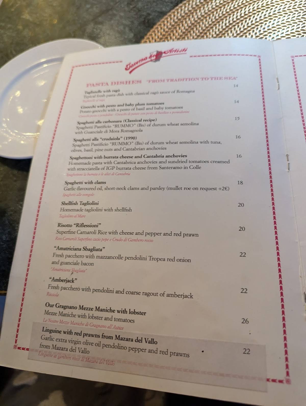 Menu di Taverna degli Artisti 