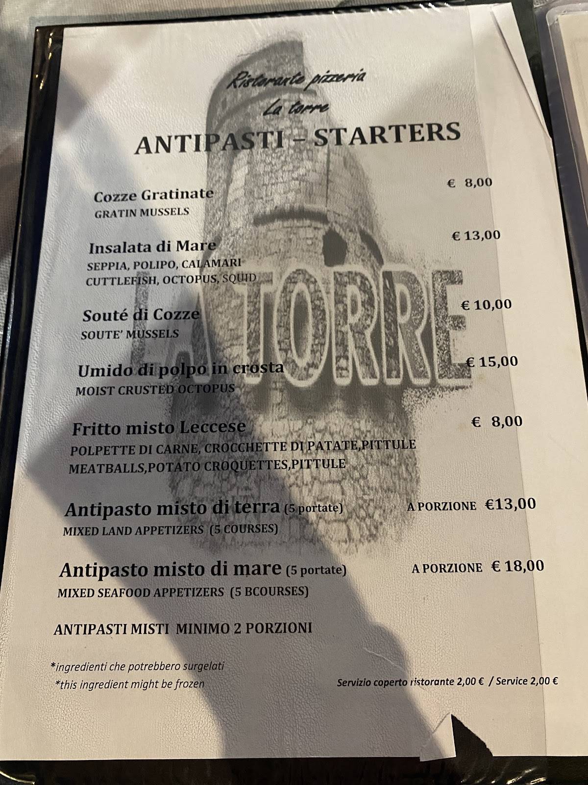 Menu da La Torre ristorante, Santa Cesarea Terme, Via Roma