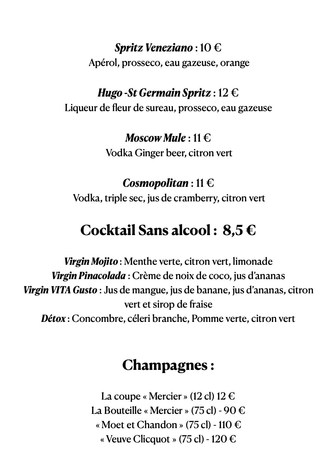 Menu de La Vita