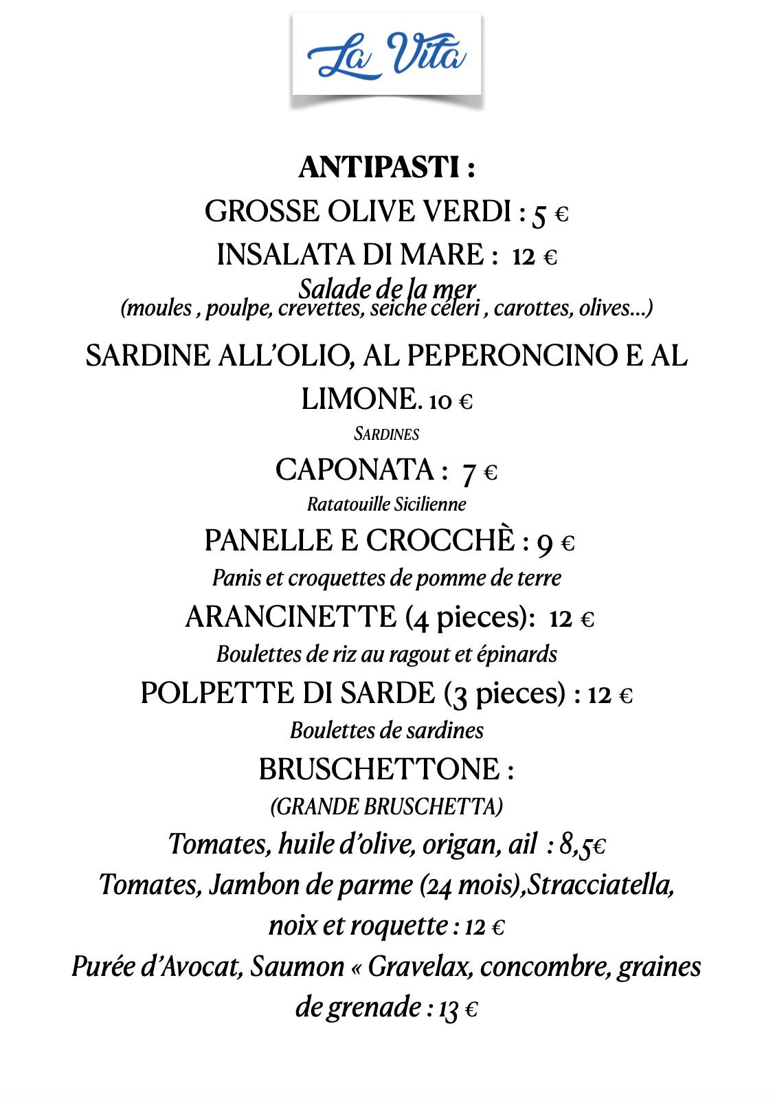 Menu de La Vita