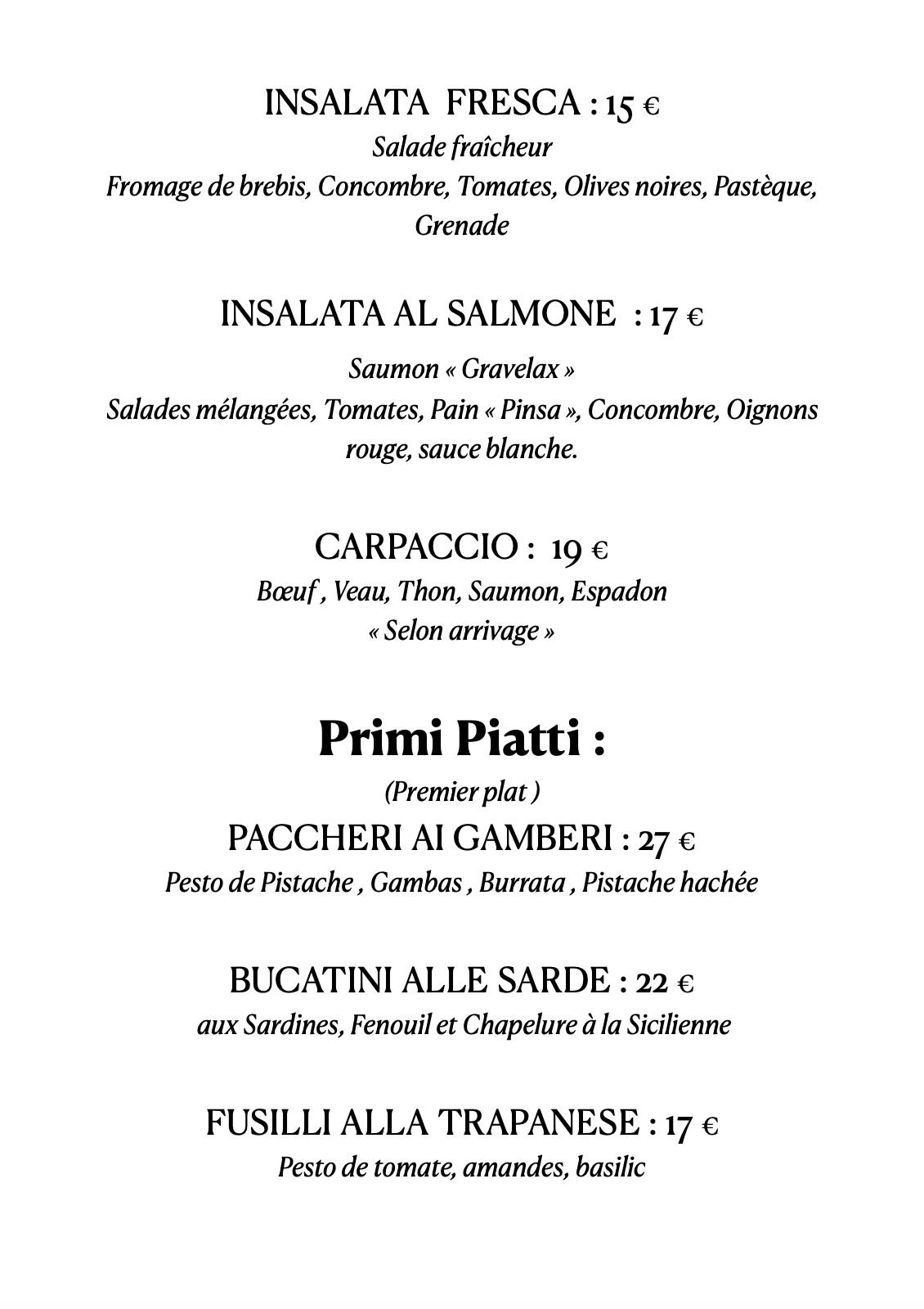 Menu de La Vita