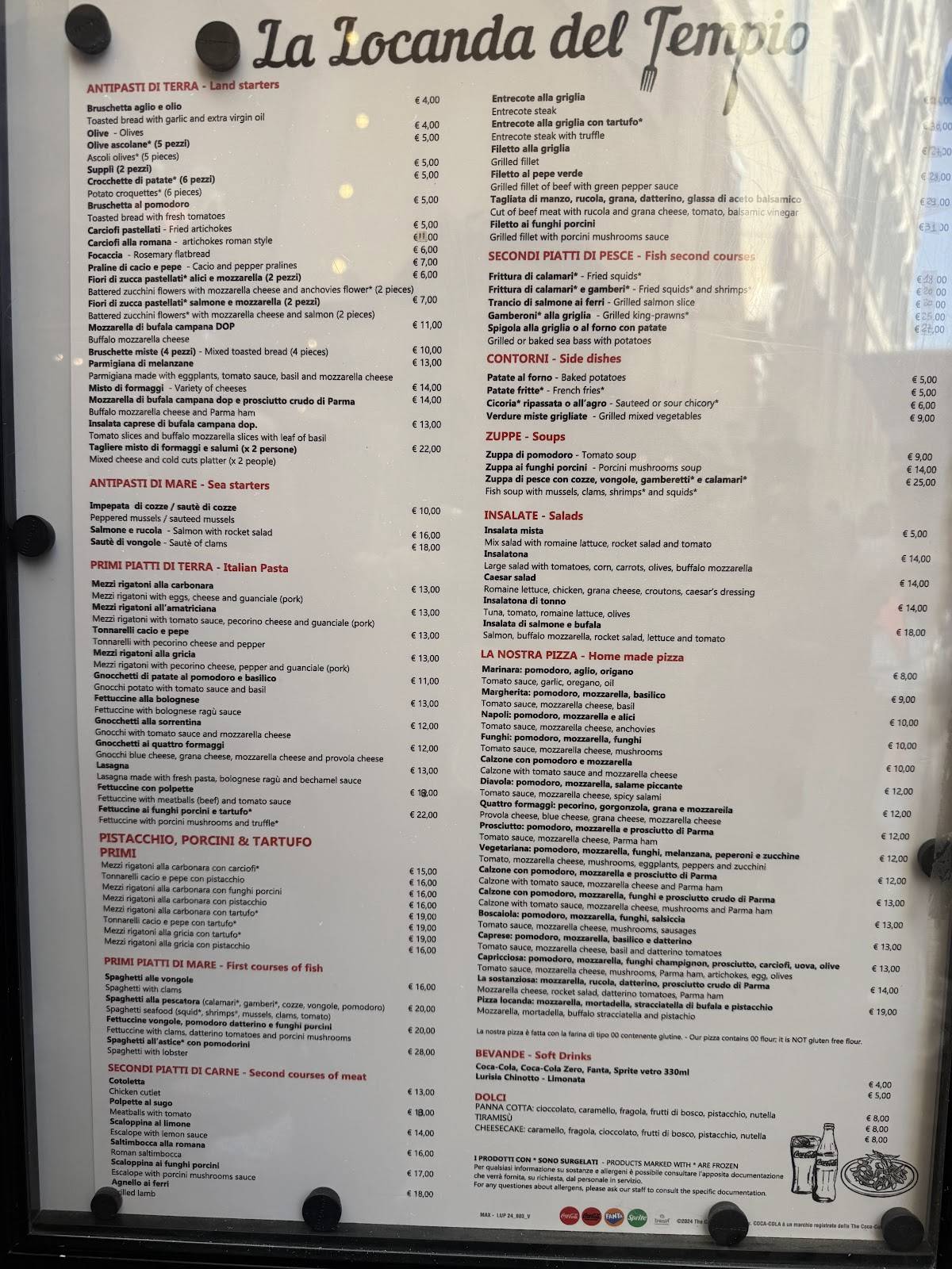 Menu de La locanda del tempio
